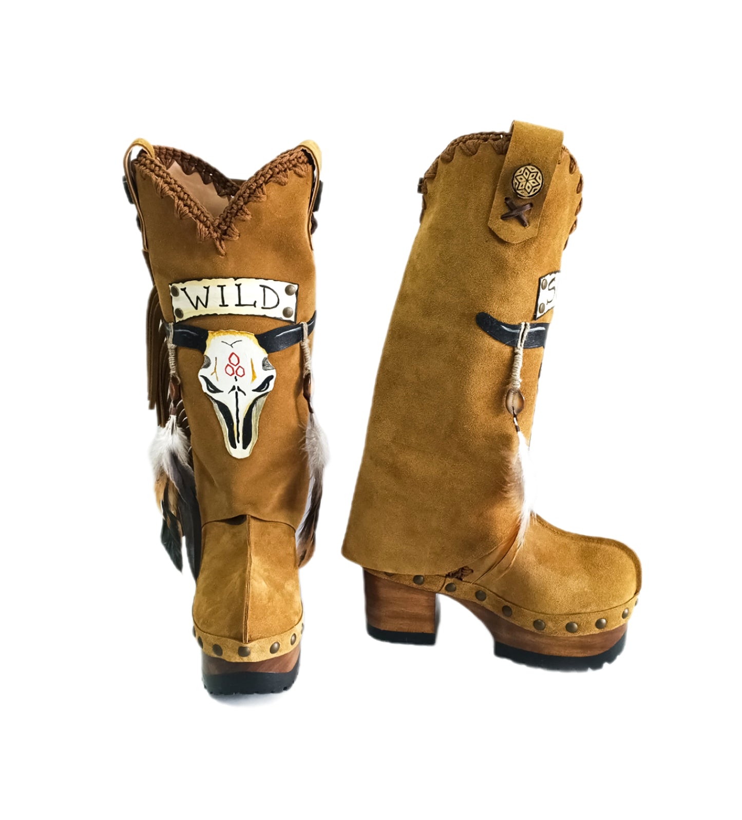 Camel suede cowboy boots. Clogs with hand-painted buffalo head, feathers, and fringes. Bohemian-style boots. High-end footwear handmade by Sol Caleyo.