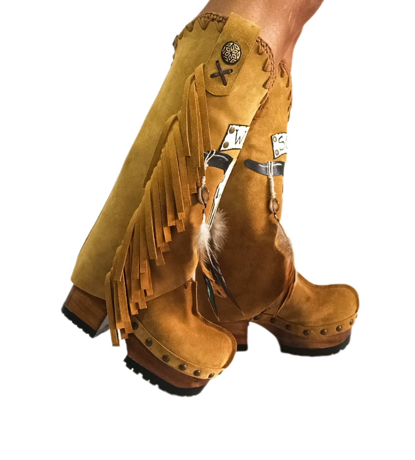 Camel suede cowboy boots. Clogs with hand-painted buffalo head, feathers, and fringes. Bohemian-style boots. High-end footwear handmade by Sol Caleyo.
