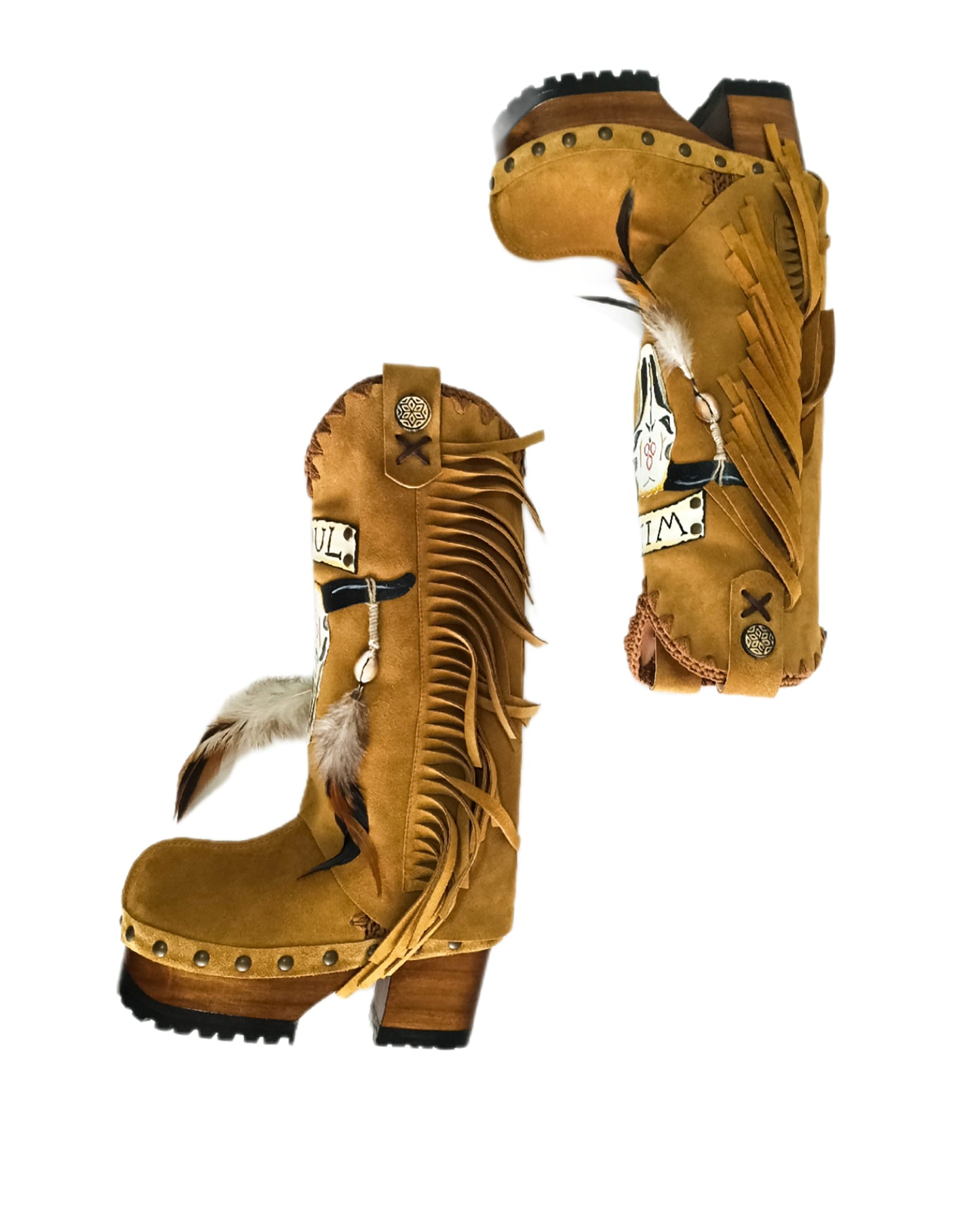 Camel suede cowboy boots. Clogs with hand-painted buffalo head, feathers, and fringes. Bohemian-style boots. High-end footwear handmade by Sol Caleyo.