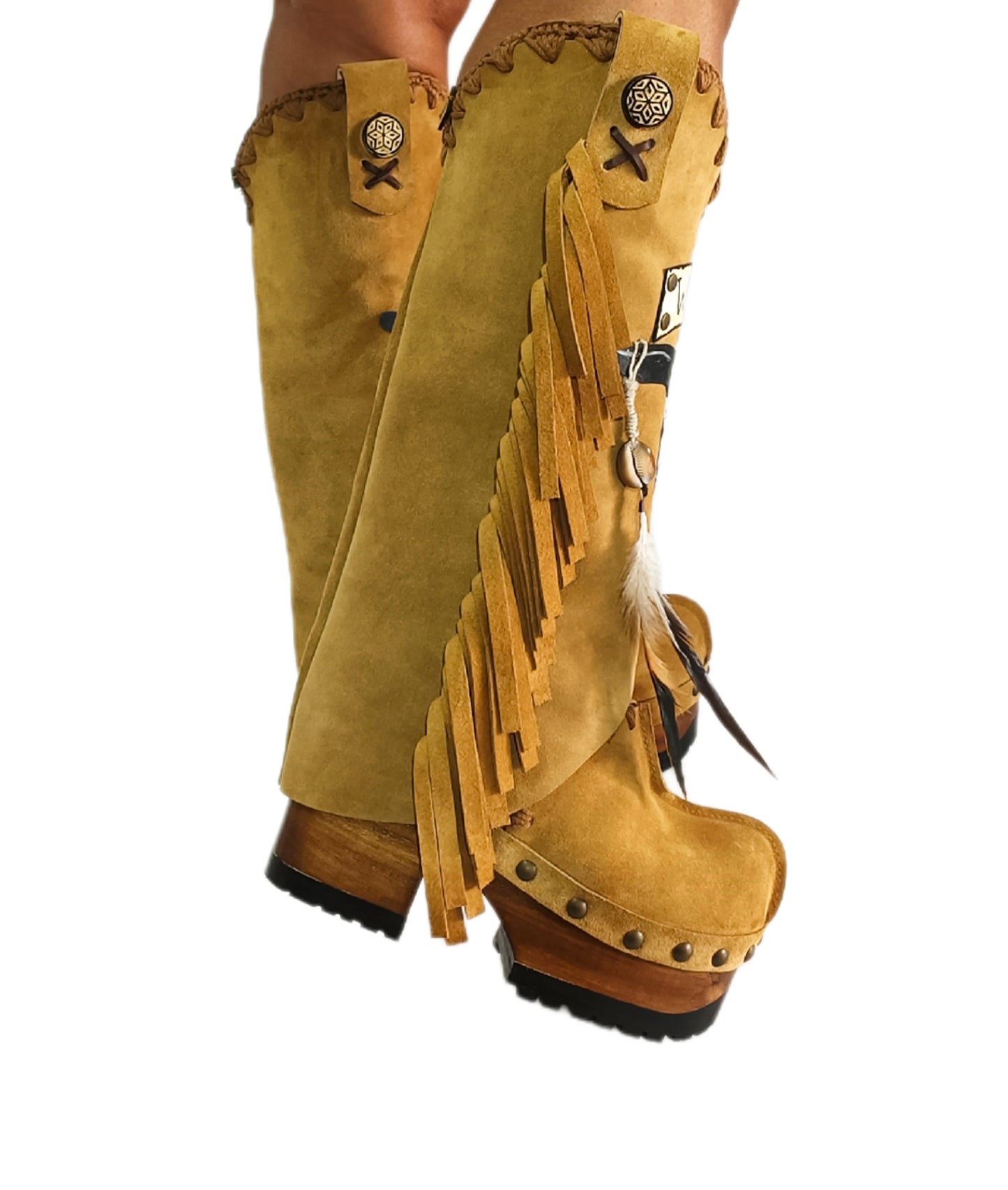 Camel suede cowboy boots. Clogs with hand-painted buffalo head, feathers, and fringes. Bohemian-style boots. High-end footwear handmade by Sol Caleyo.