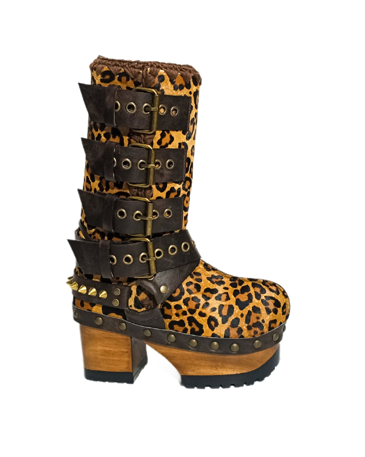 Leopard skin biker boots. Leopard skin clogs. Leopard skin buckle boots. High-end footwear handmade by Sol Caleyo