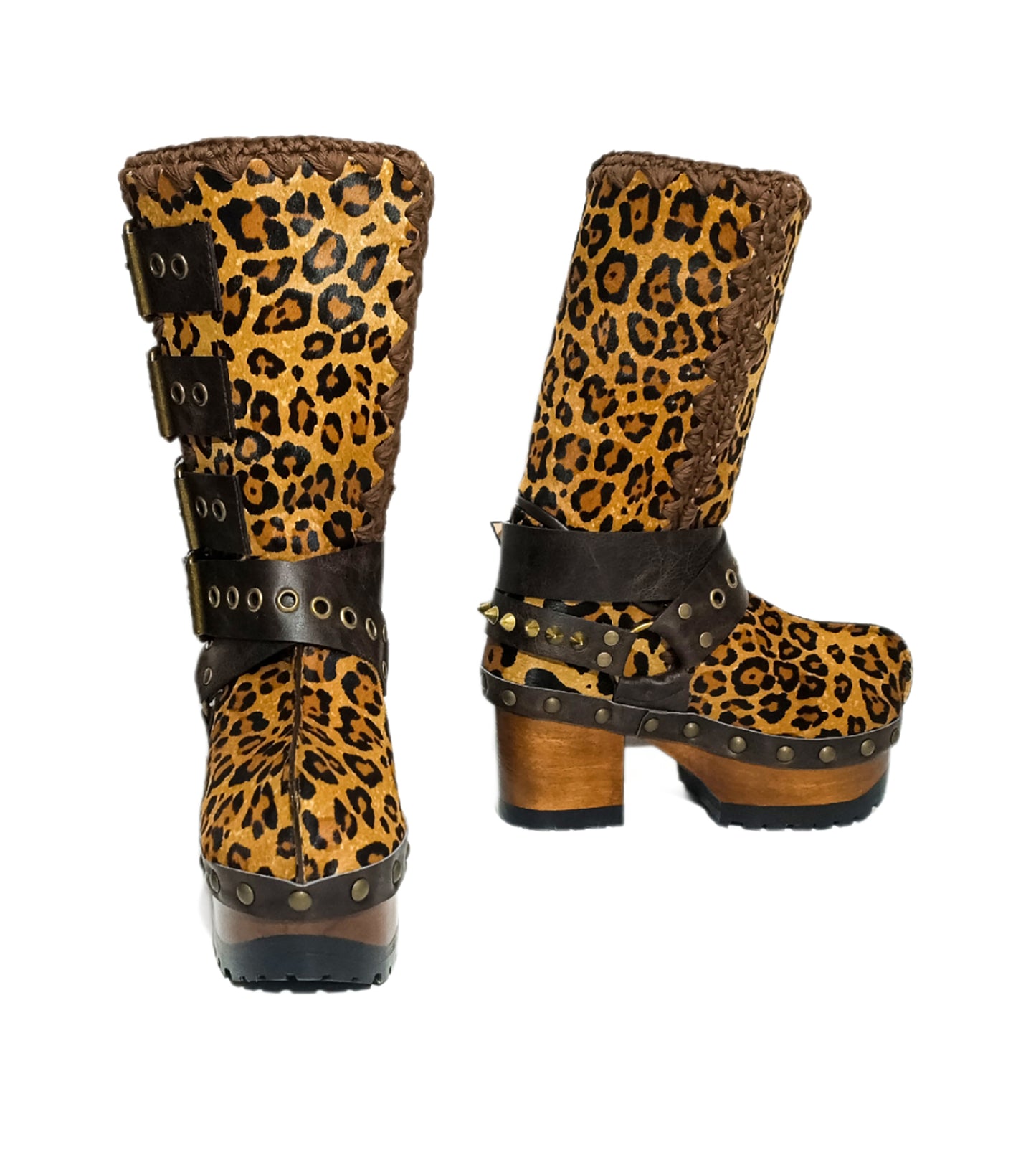 Leopard skin biker boots. Leopard skin clogs. Leopard skin buckle boots. High-end footwear handmade by Sol Caleyo