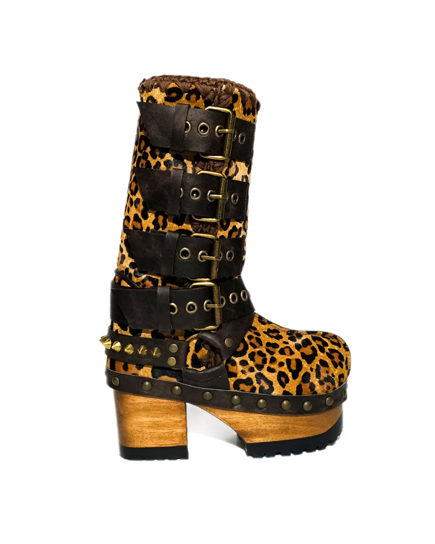 Leopard skin biker boots. Leopard skin clogs. Leopard skin buckle boots. High-end footwear handmade by Sol Caleyo