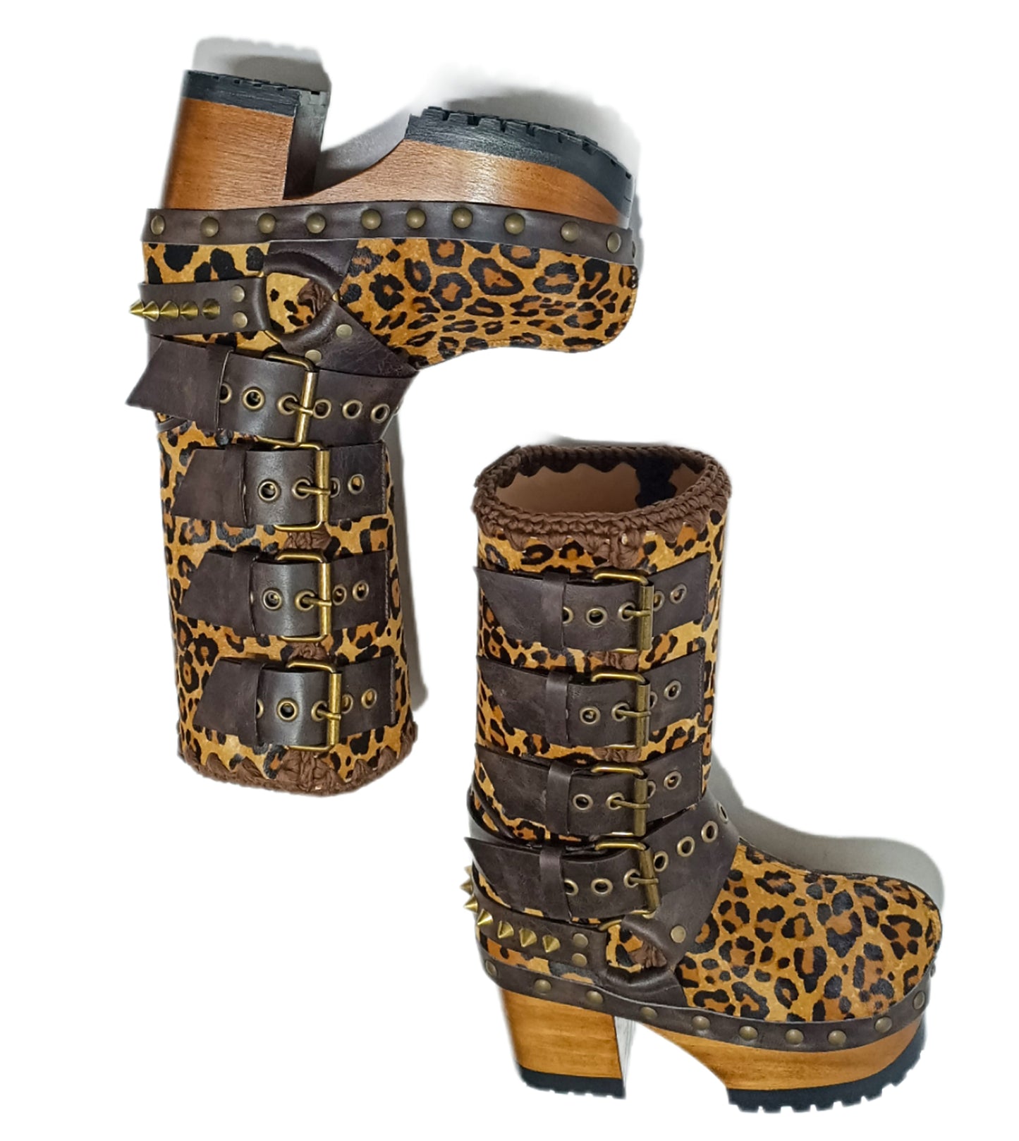 Leopard skin biker boots. Leopard skin clogs. Leopard skin buckle boots. High-end footwear handmade by Sol Caleyo