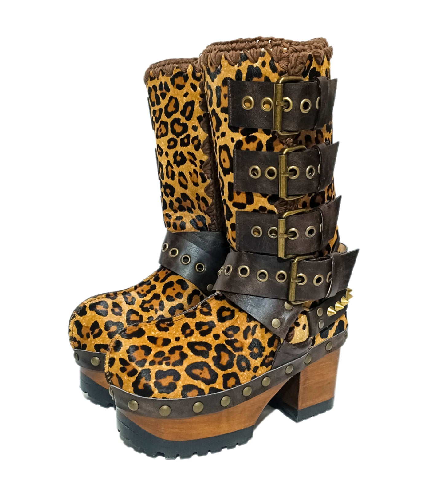 Leopard skin biker boots. Leopard skin clogs. Leopard skin buckle boots. High-end footwear handmade by Sol Caleyo