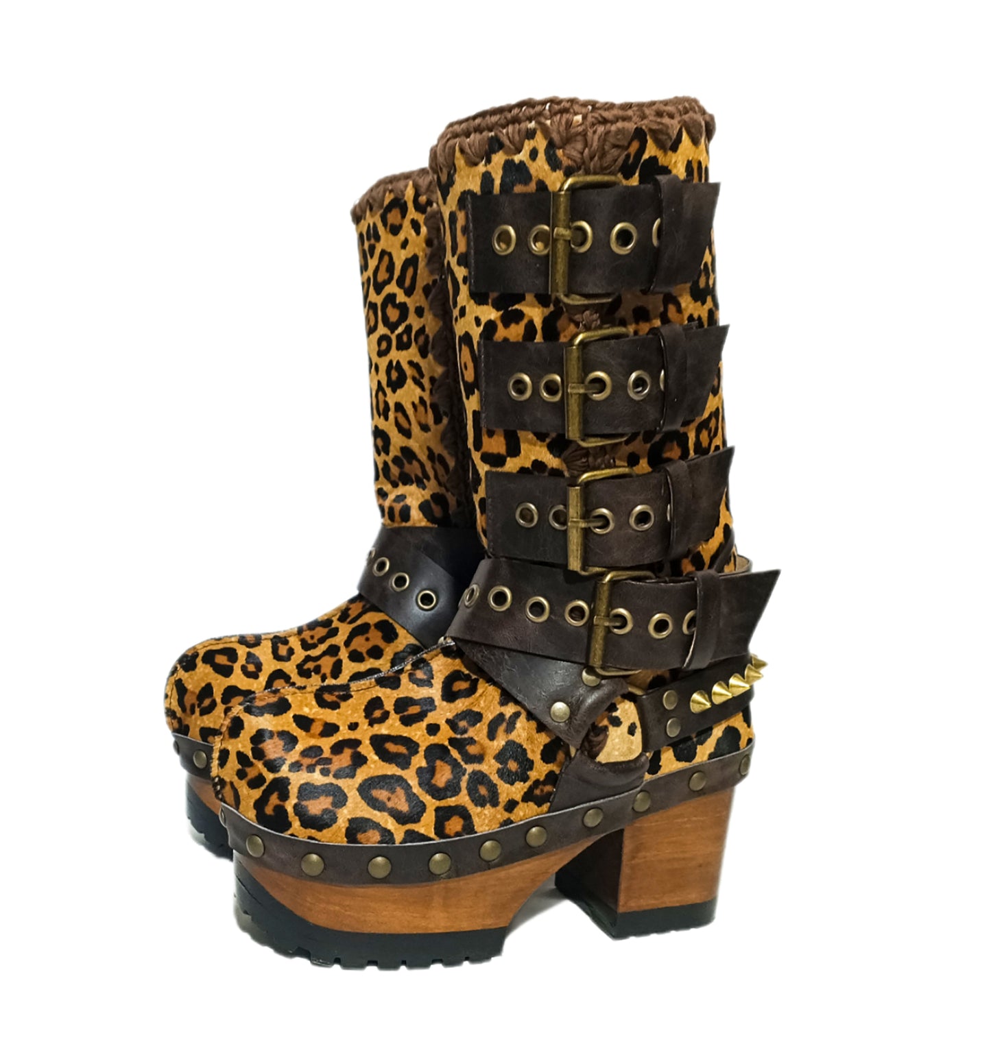 Leopard skin biker boots. Leopard skin clogs. Leopard skin buckle boots. High-end footwear handmade by Sol Caleyo