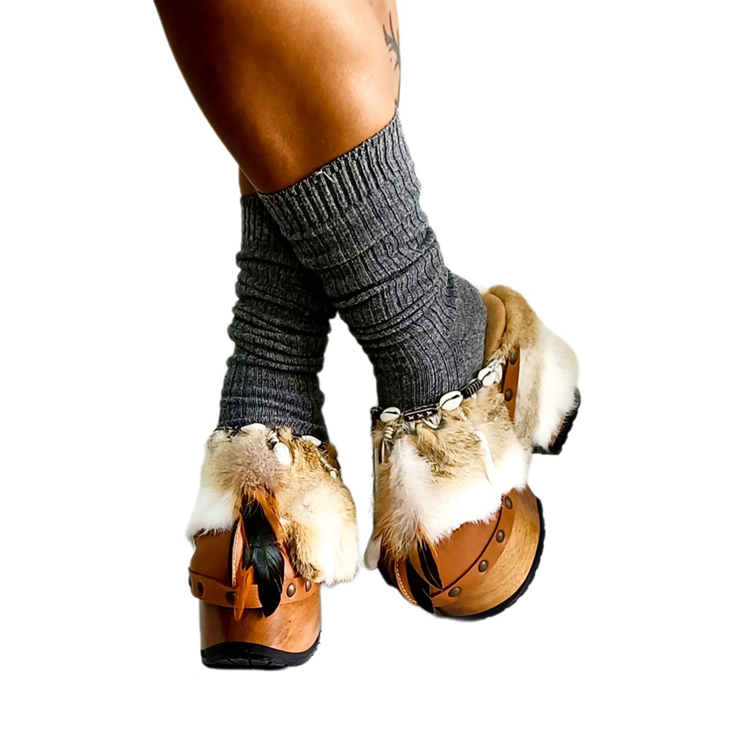 Rabbit fur and feather clogs. Vintage style platform clogs. Handmade leather clogs. Bohemian style clogs. High-end handmade footwear by Sol Caleyo.