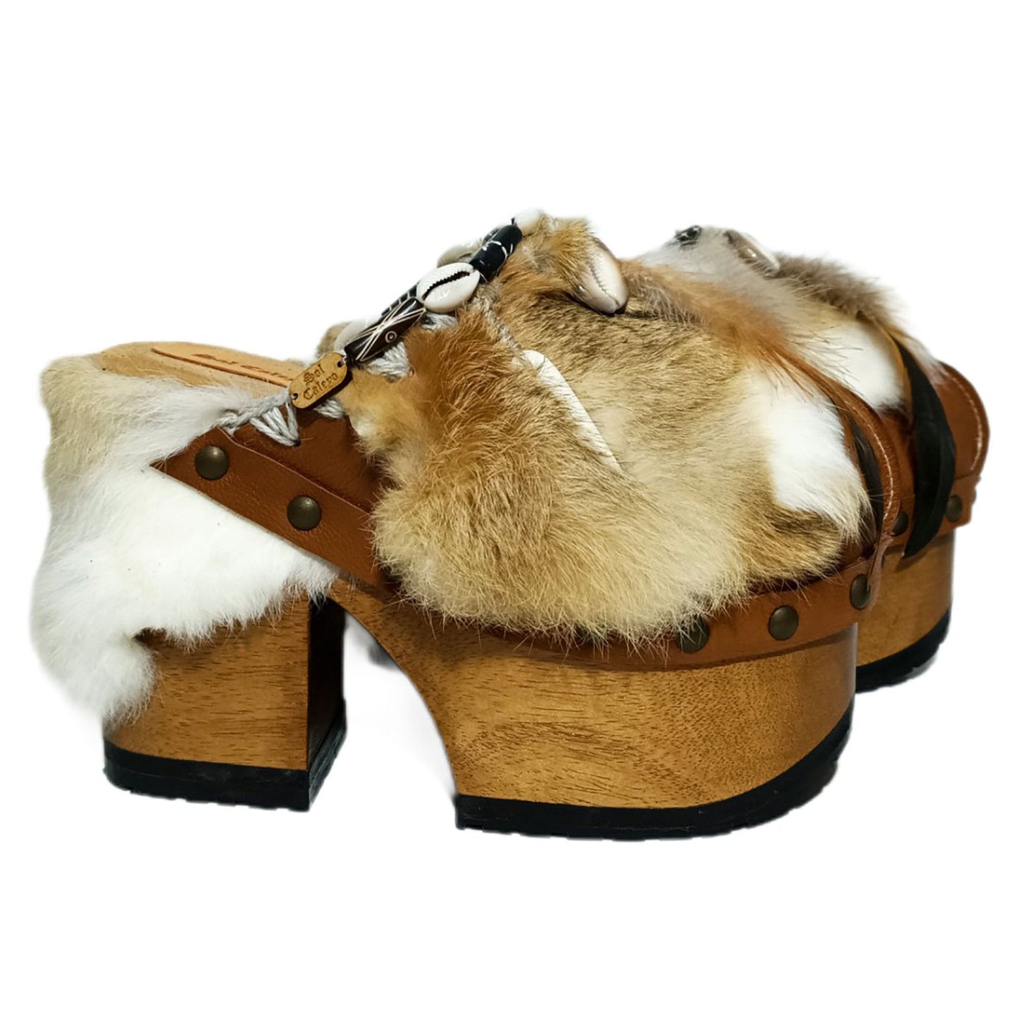Rabbit fur and feather clogs. Vintage style platform clogs. Handmade leather clogs. Bohemian style clogs. High-end handmade footwear by Sol Caleyo.