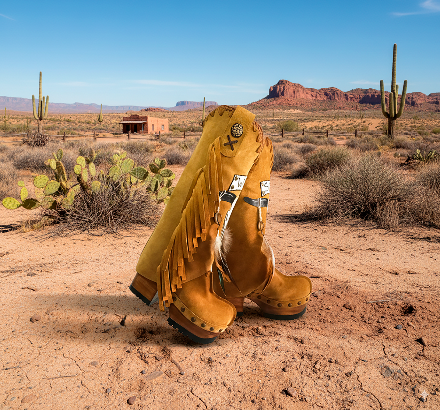 Camel suede cowboy boots. Clogs with hand-painted buffalo head, feathers, and fringes. Bohemian-style boots. High-end footwear handmade by Sol Caleyo.