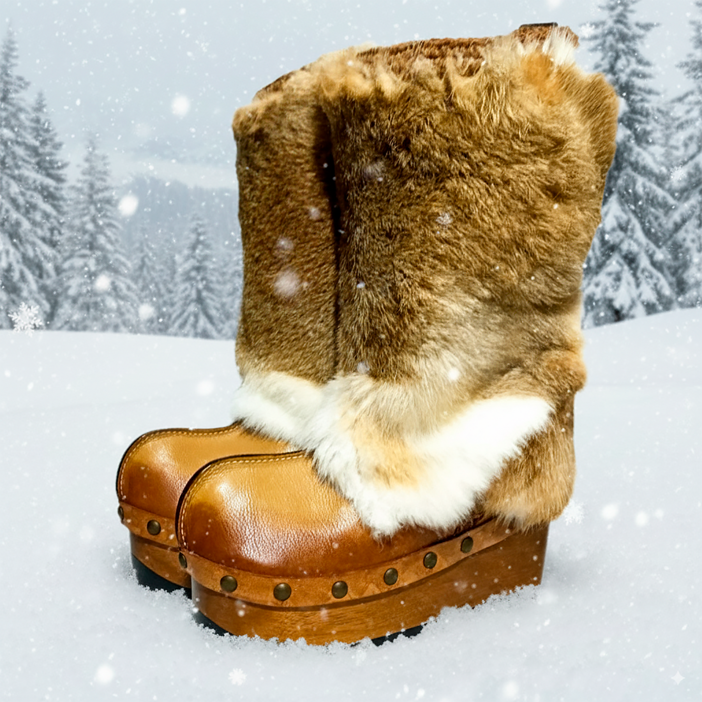 Leather and rabbit skin boots. Wooden wedge boots in clog style. Fur boots. Handmade leather boots made to order. Exclusive design by Sol Caleyo.