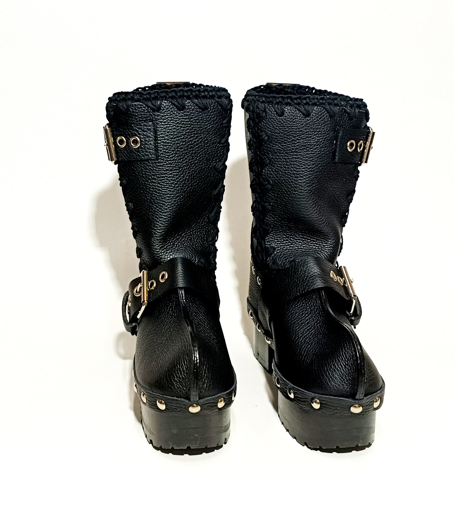 Black leather biker style clog boots. Biker style buckle boot. Clogs leather boot. High-end footwear handmade by Sol Caleyo.