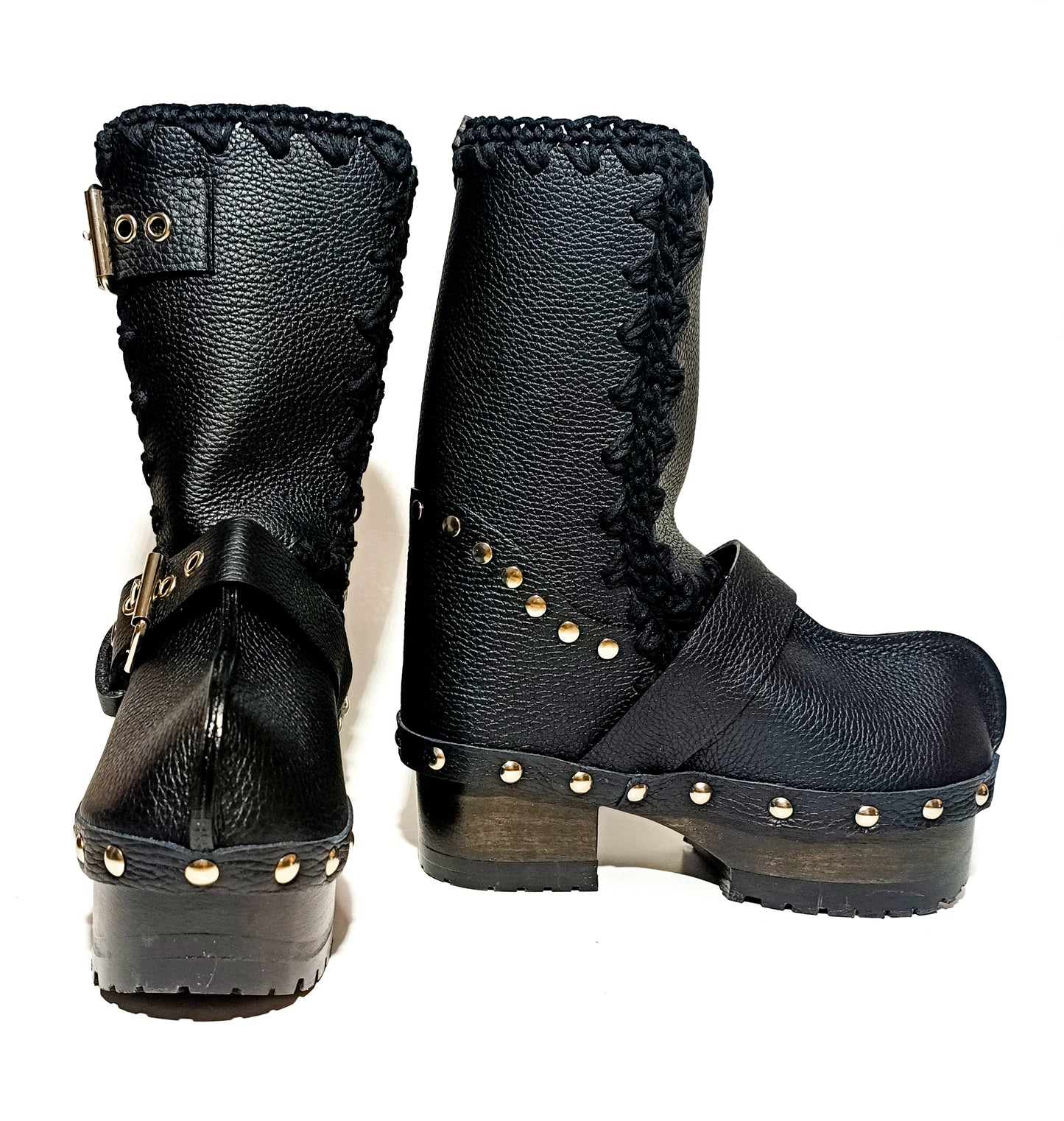Black leather biker style clog boots. Biker style buckle boot. Clogs leather boot. High-end footwear handmade by Sol Caleyo.
