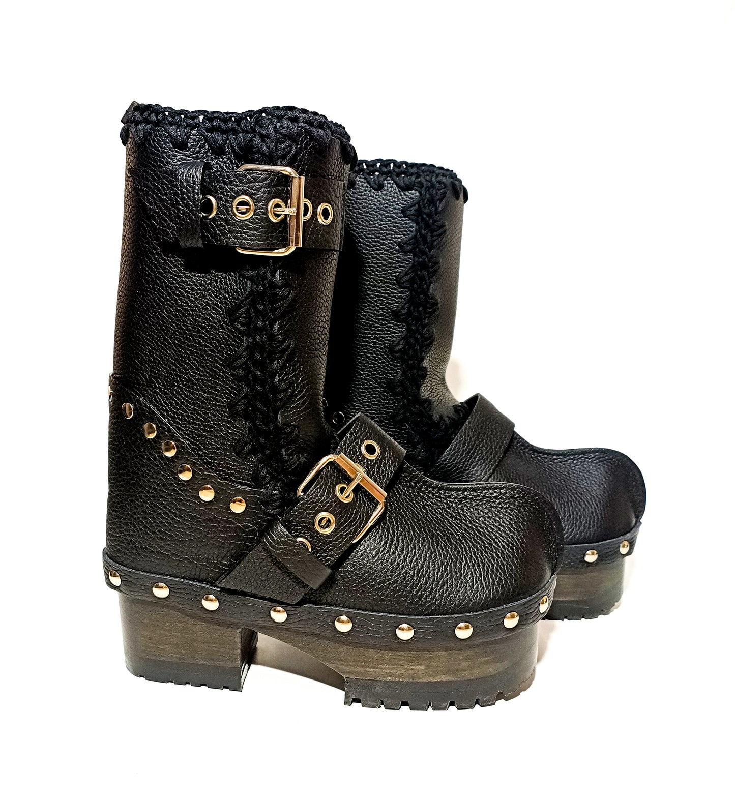 Black leather biker style clog boots. Biker style buckle boot. Clogs leather boot. High-end footwear handmade by Sol Caleyo.