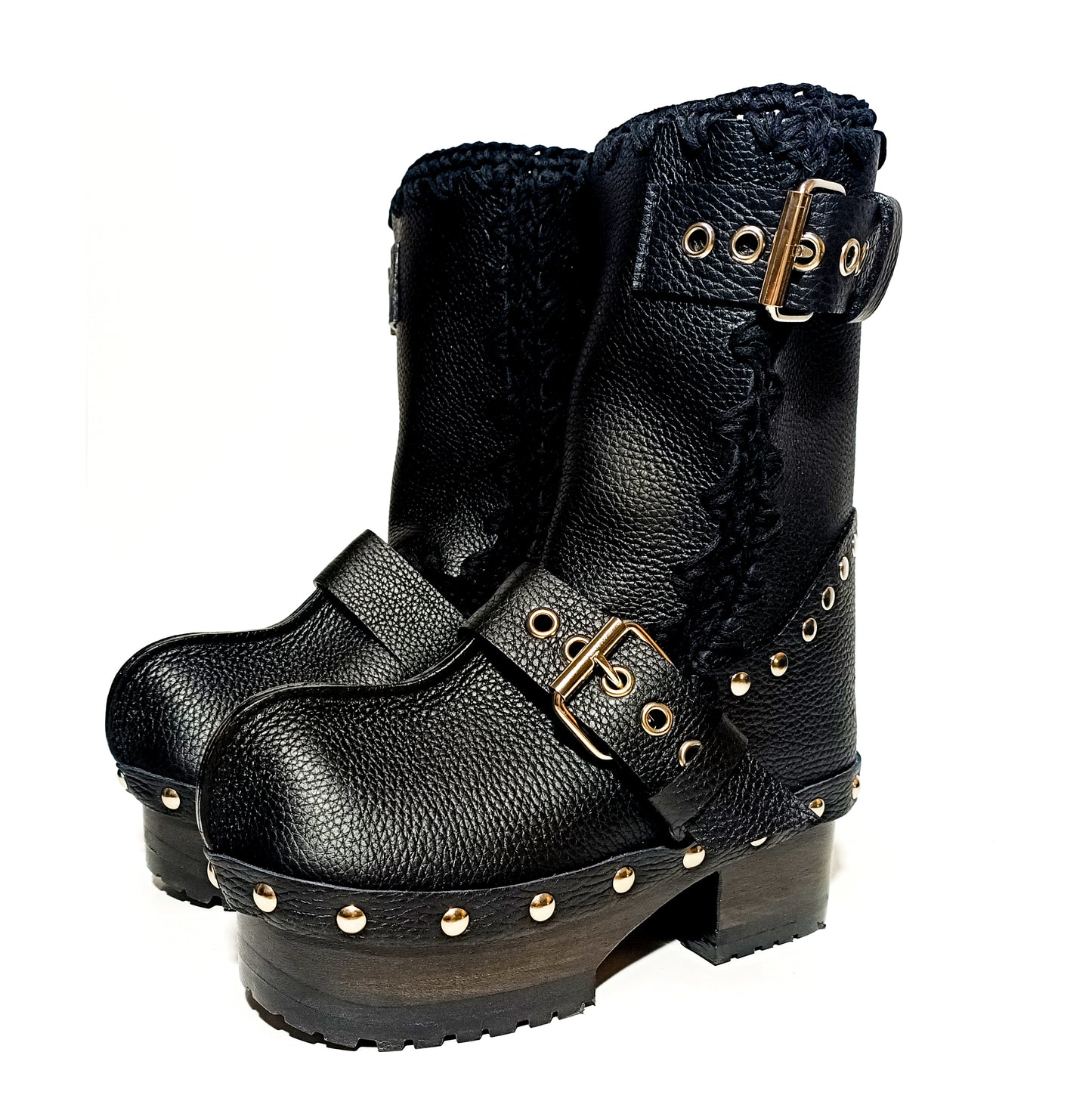Black leather biker style clog boots. Biker style buckle boot. Clogs leather boot. High-end footwear handmade by Sol Caleyo.