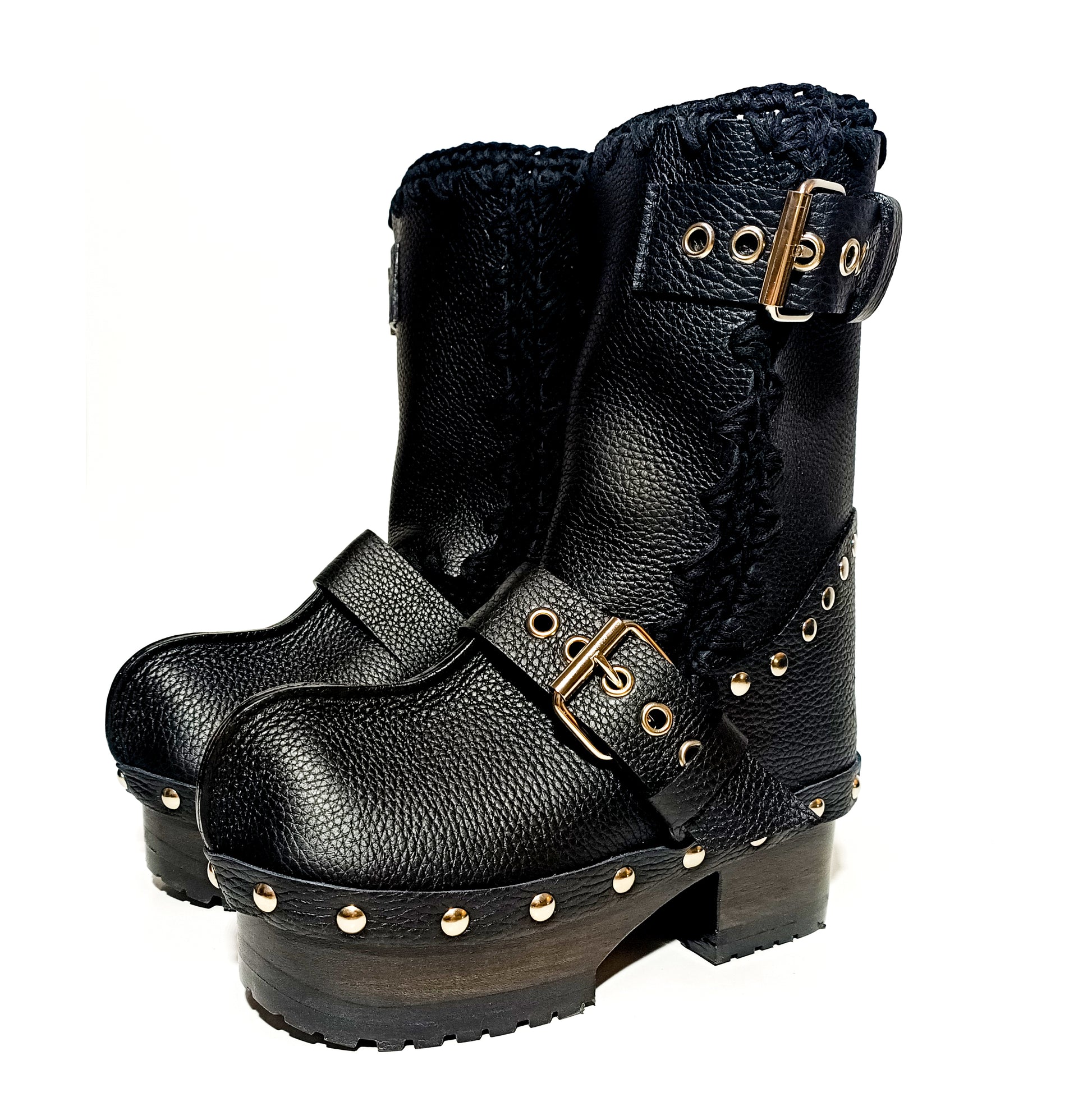 Black leather biker style clog boots. Biker style buckle boot. Clogs leather boot. High-end footwear handmade by Sol Caleyo.