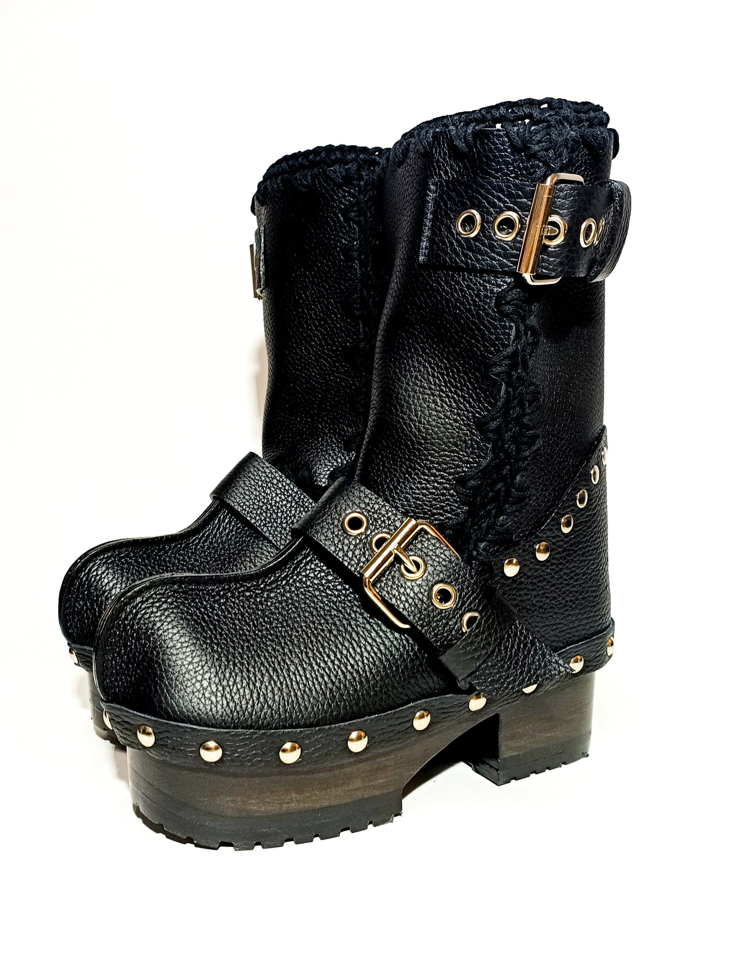 Black leather biker style clog boots. Biker style buckle boot. Clogs leather boot. High-end footwear handmade by Sol Caleyo.