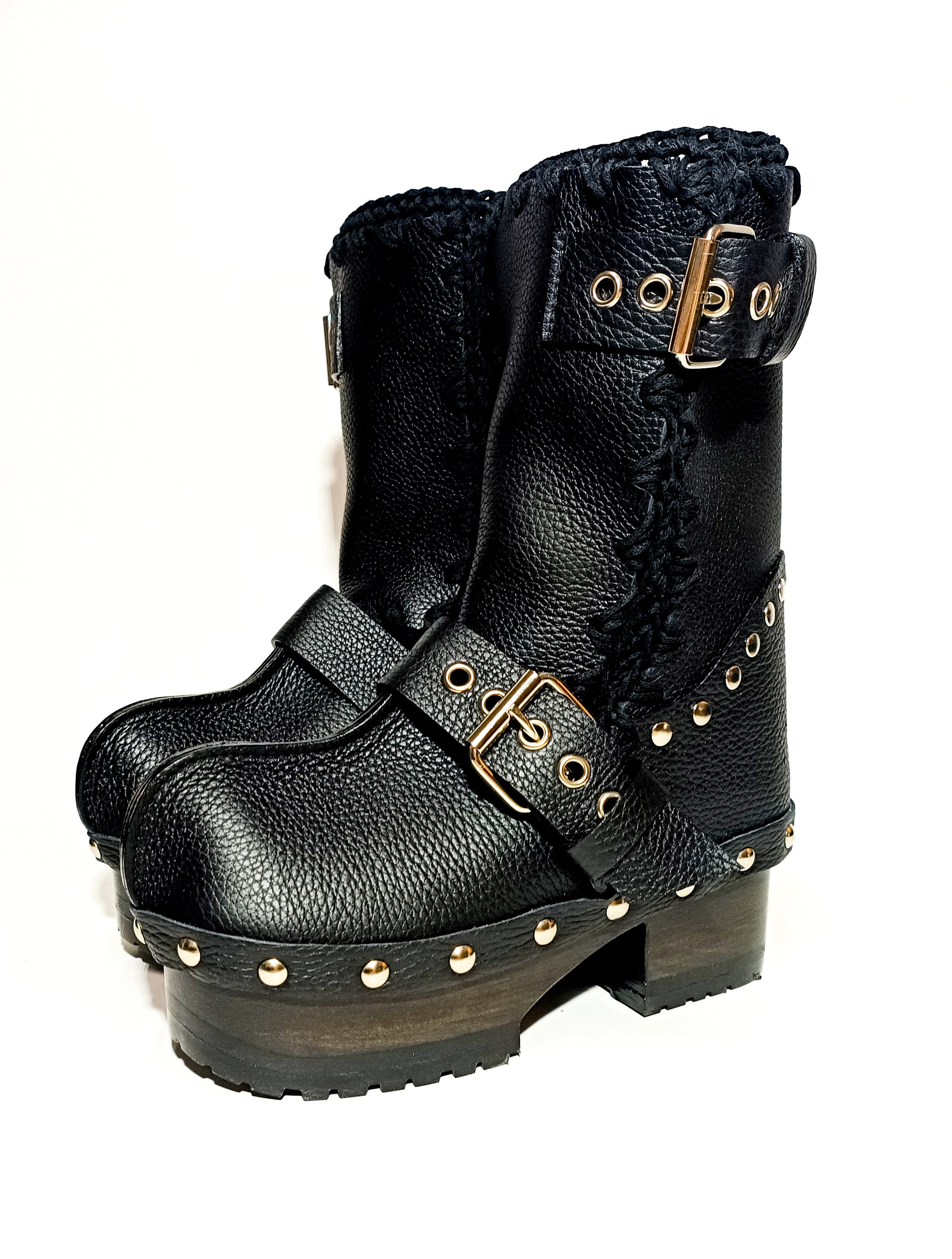 Black leather biker style clog boots. Biker style buckle boot. Clogs leather boot. High-end footwear handmade by Sol Caleyo.