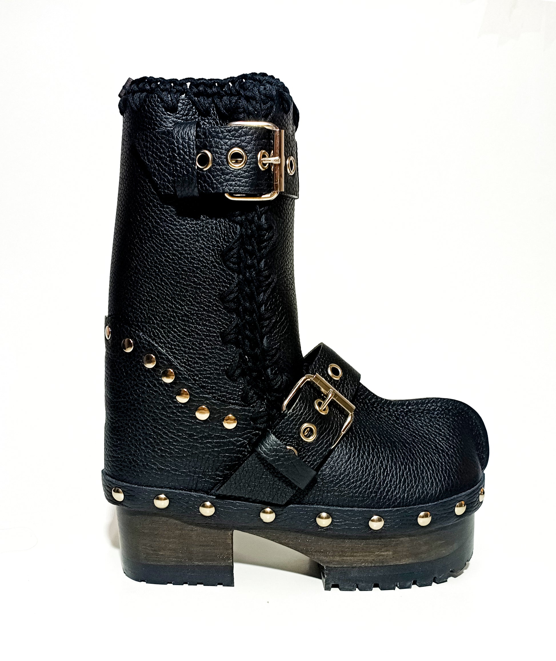 Black leather biker style clog boots. Biker style buckle boot. Clogs leather boot. High-end footwear handmade by Sol Caleyo.