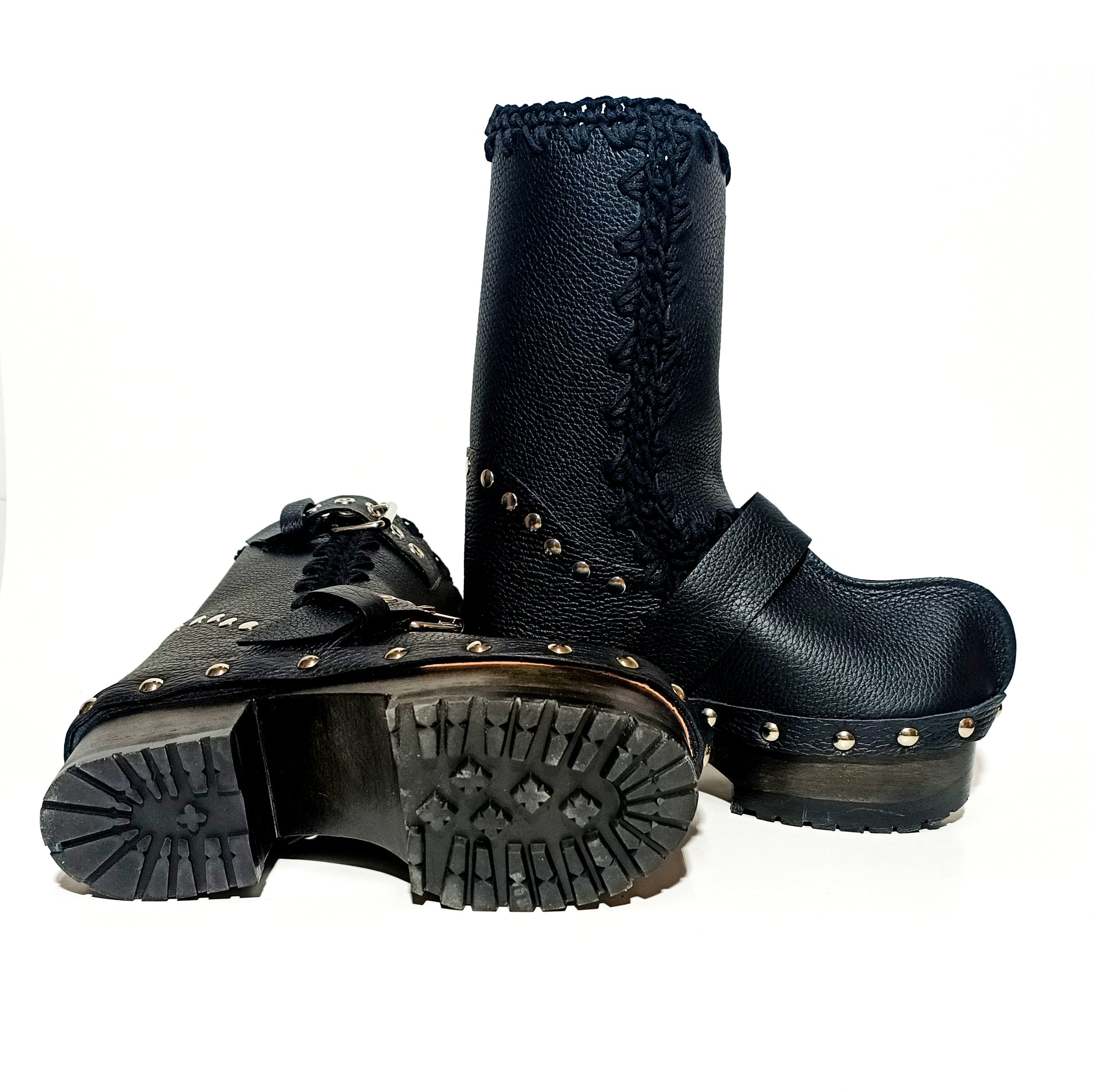 Black leather biker style clog boots. Biker style buckle boot. Clogs leather boot. High-end footwear handmade by Sol Caleyo.
