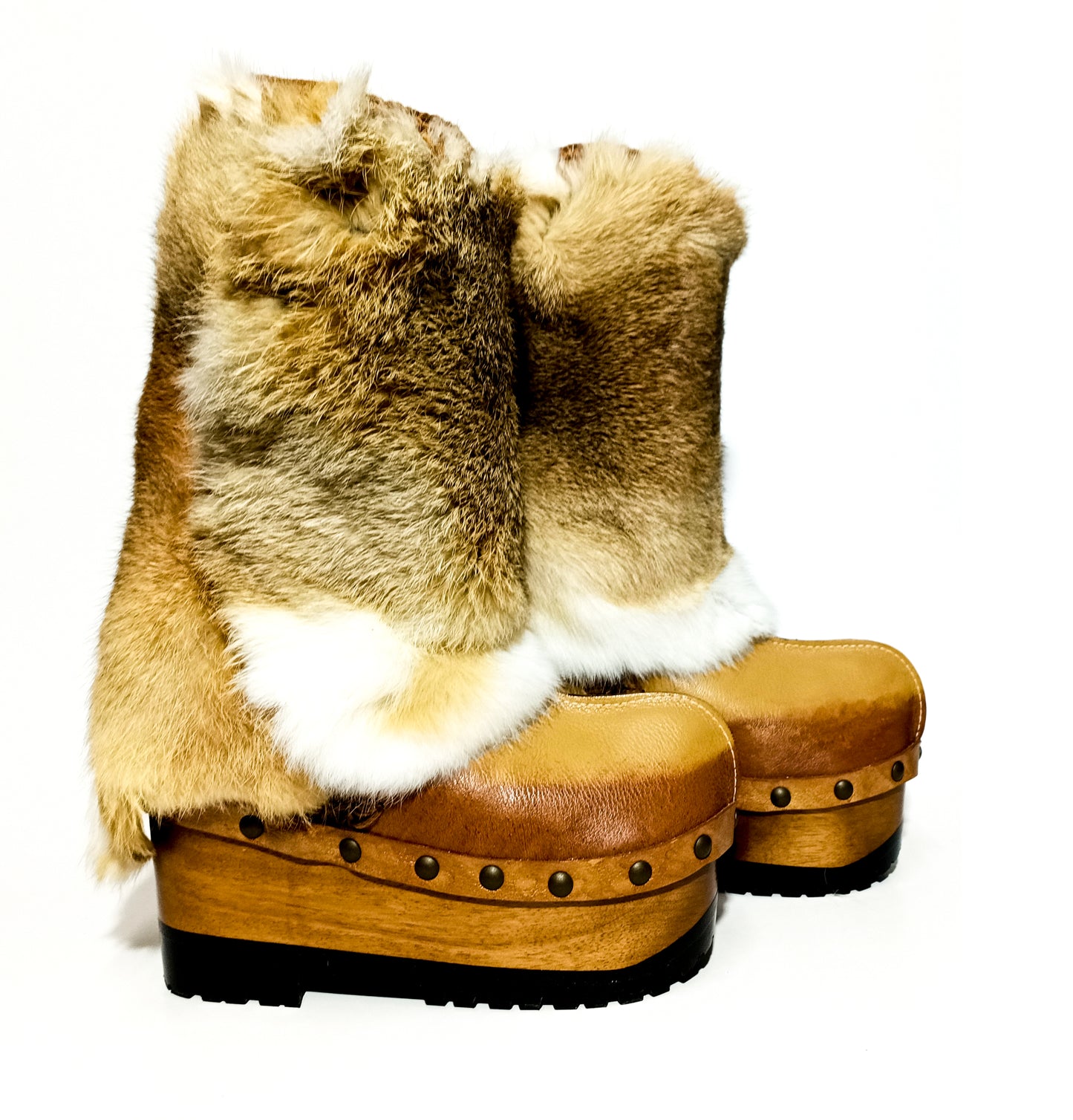 Leather and rabbit skin boots. Wooden wedge boots in clog style. Fur boots. Handmade leather boots made to order. Exclusive design by Sol Caleyo.