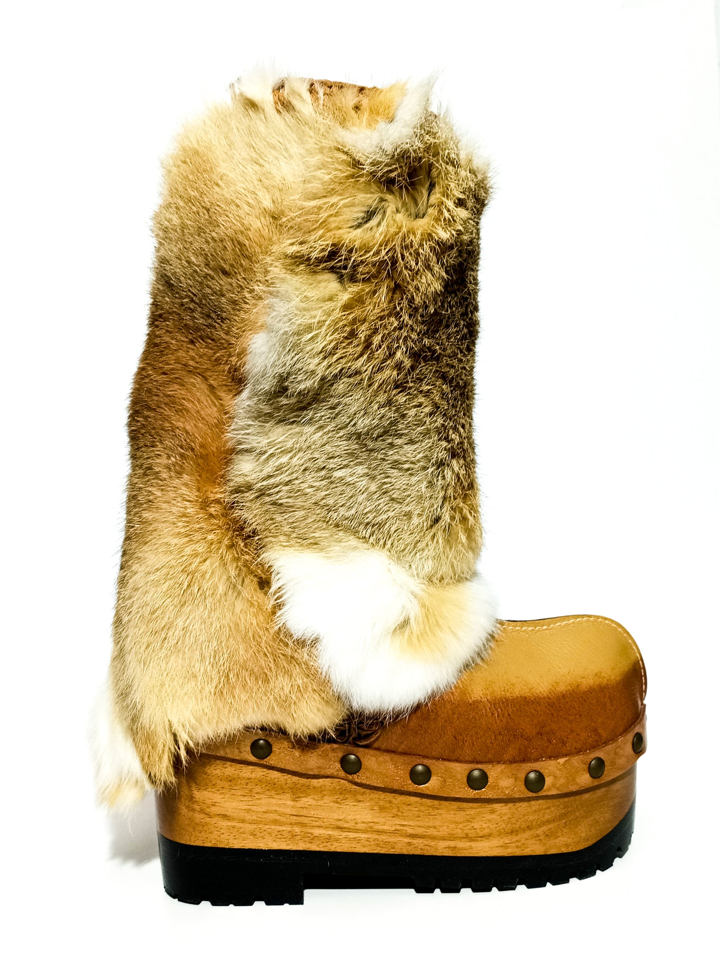 Leather and rabbit skin boots. Wooden wedge boots in clog style. Fur boots. Handmade leather boots made to order. Exclusive design by Sol Caleyo.