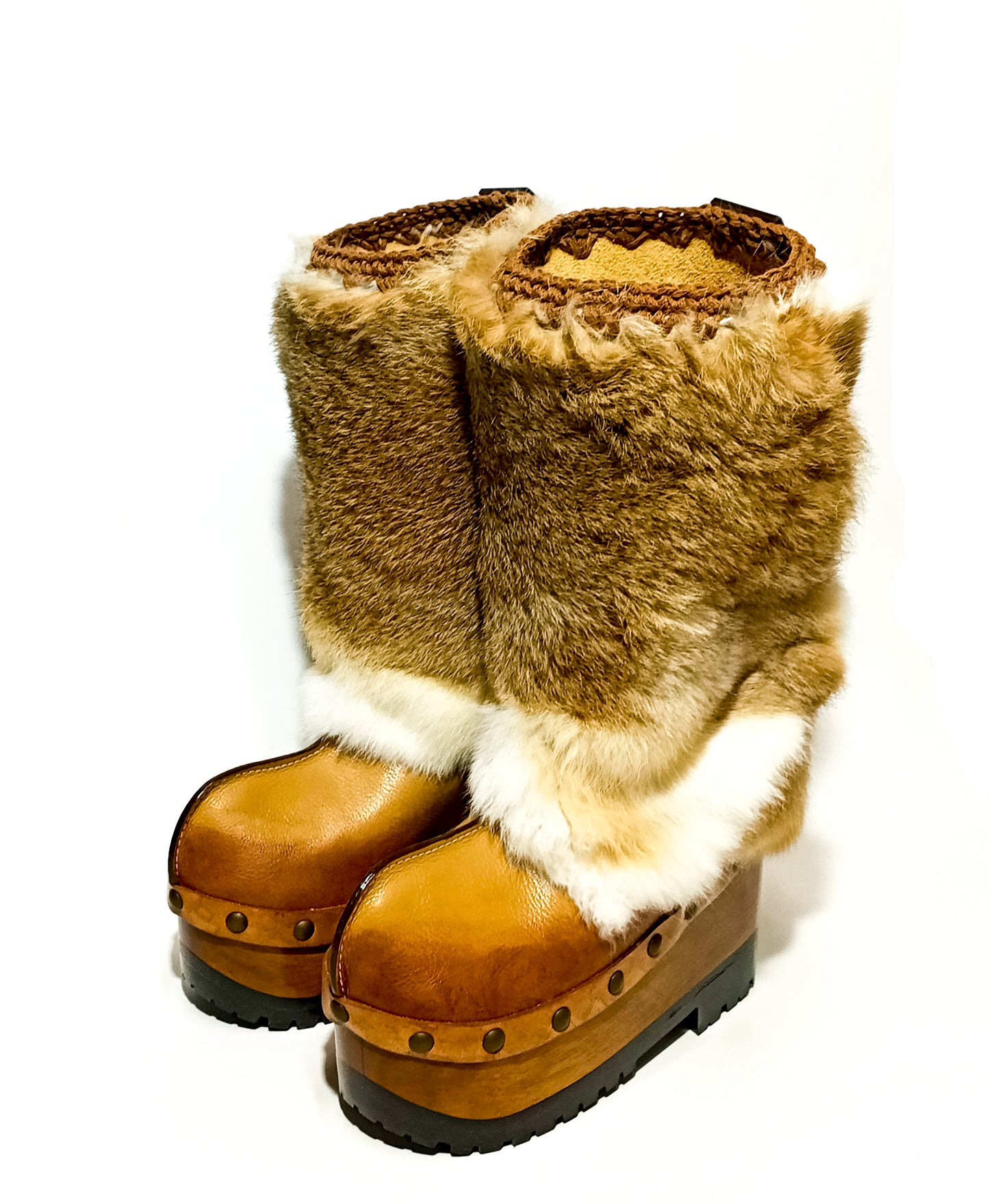 Leather and rabbit skin boots. Wooden wedge boots in clog style. Fur boots. Handmade leather boots made to order. Exclusive design by Sol Caleyo.
