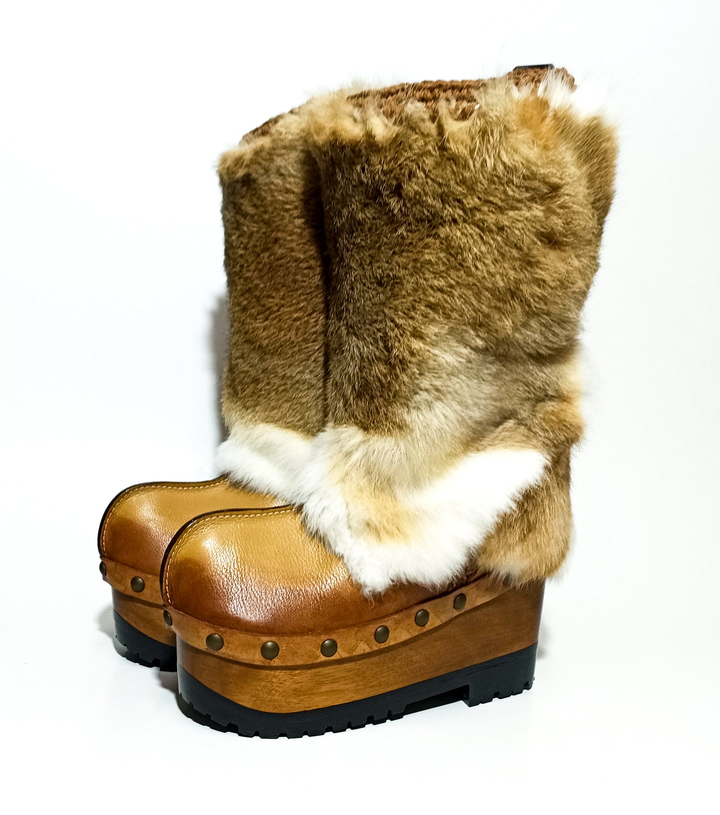 Leather and rabbit skin boots. Wooden wedge boots in clog style. Fur boots. Handmade leather boots made to order. Exclusive design by Sol Caleyo.