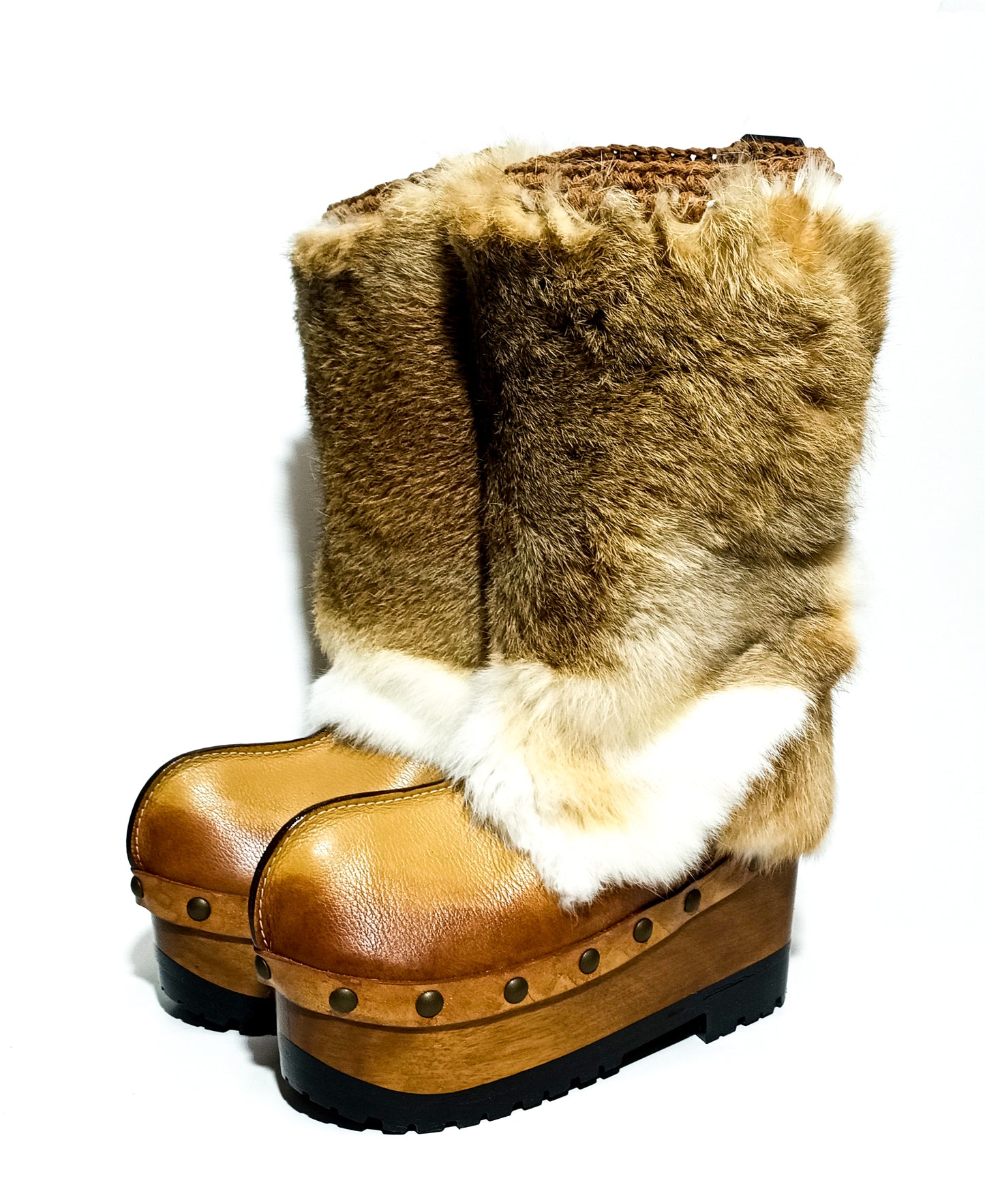 Leather and rabbit skin boots. Wooden wedge boots in clog style. Fur boots. Handmade leather boots made to order. Exclusive design by Sol Caleyo.