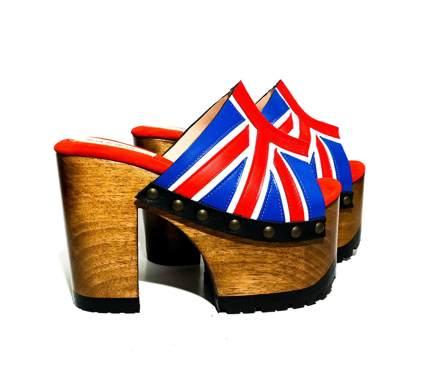 Vintage style platform sandals with wooden heel made in leather. Sizes 34 to 47. Super high wooden heel inspired by the 70s. Exclusive English flag design. High quality handmade leather footwear.