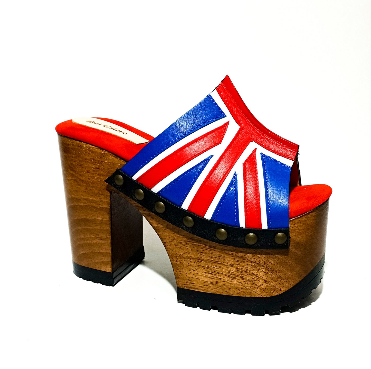 Vintage style platform sandals with wooden heel made in leather. Sizes 34 to 47. Super high wooden heel inspired by the 70s. Exclusive English flag design. High quality handmade leather footwear.