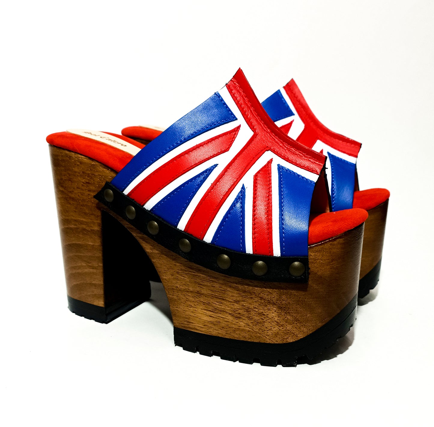 Vintage style platform sandals with wooden heel made in leather. Sizes 34 to 47. Super high wooden heel inspired by the 70s. Exclusive English flag design. High quality handmade leather footwear.
