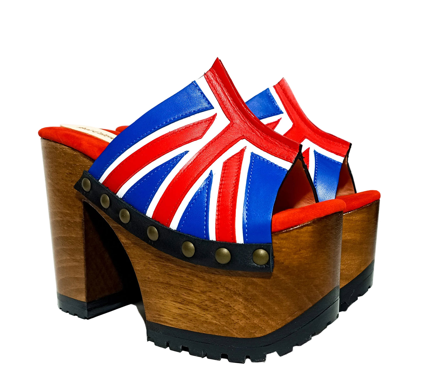 Vintage style platform sandals with wooden heel made in leather. Sizes 34 to 47. Super high wooden heel inspired by the 70s. Exclusive English flag design. High quality handmade leather footwear.
