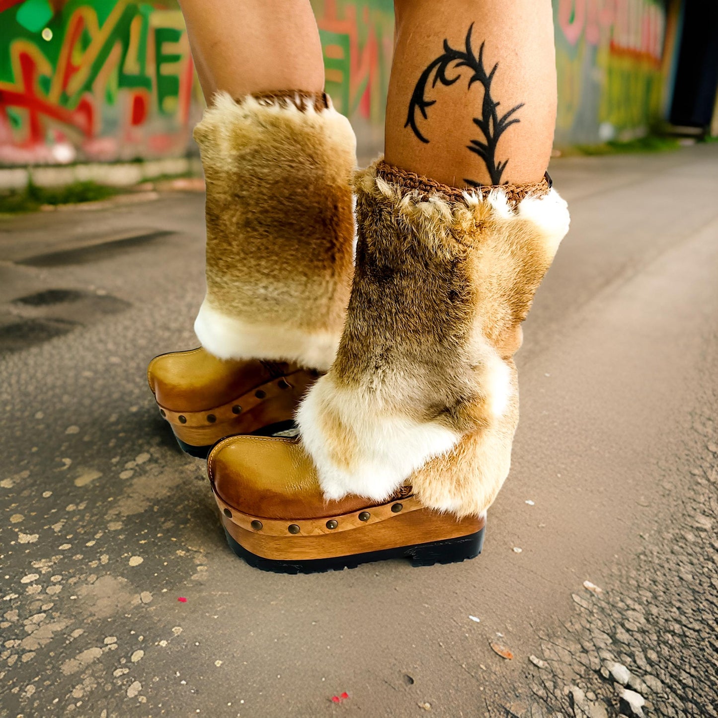 Leather and rabbit skin boots. Wooden wedge boots in clog style. Fur boots. Handmade leather boots made to order. Exclusive design by Sol Caleyo.