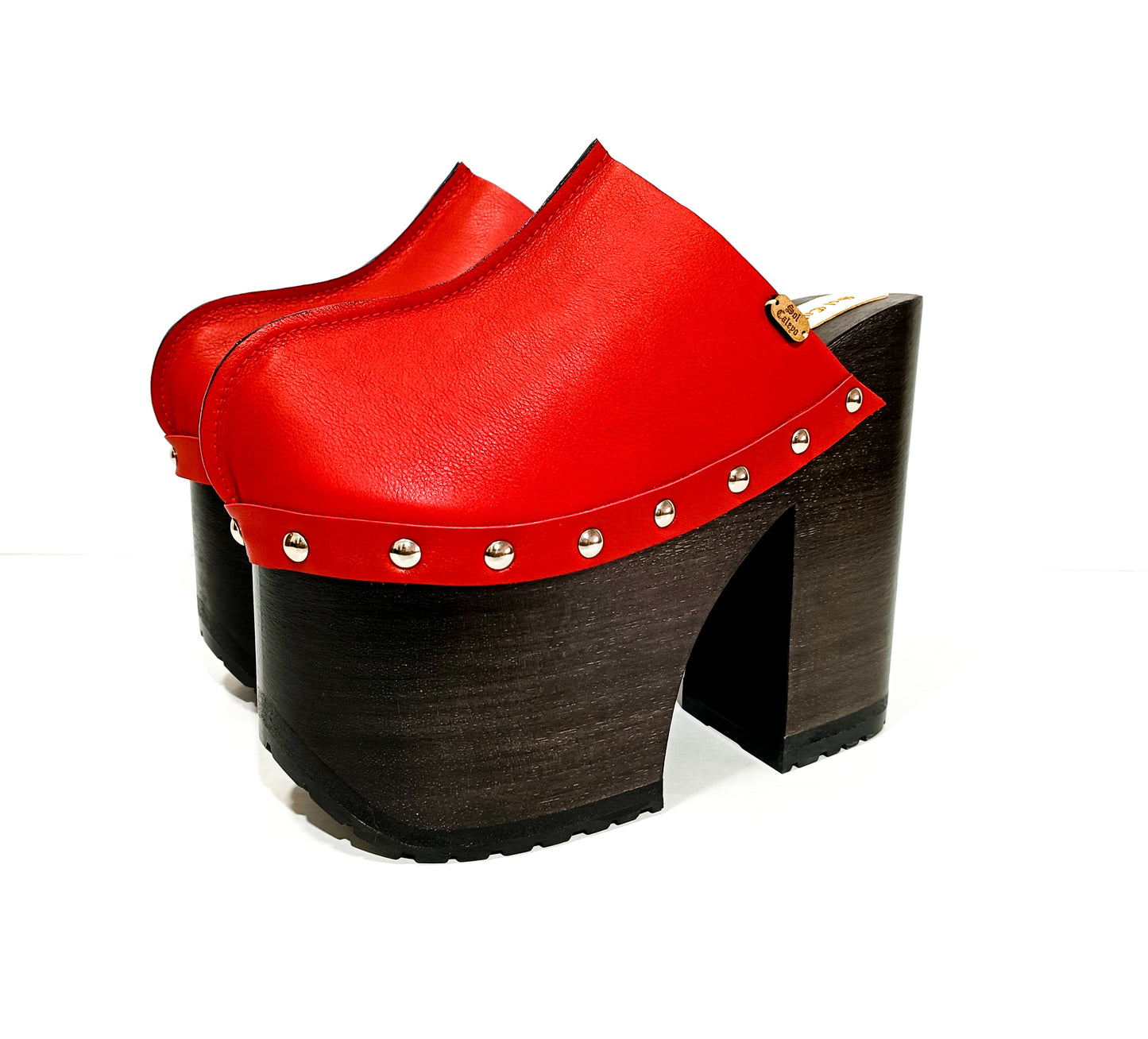 Red leather clog with super high wooden heel in vintage 70s style. Leather clog with platform and super high heel made in wood. Sizes 34 to 47. High quality leather shoes handmade by Sol Caleyo.