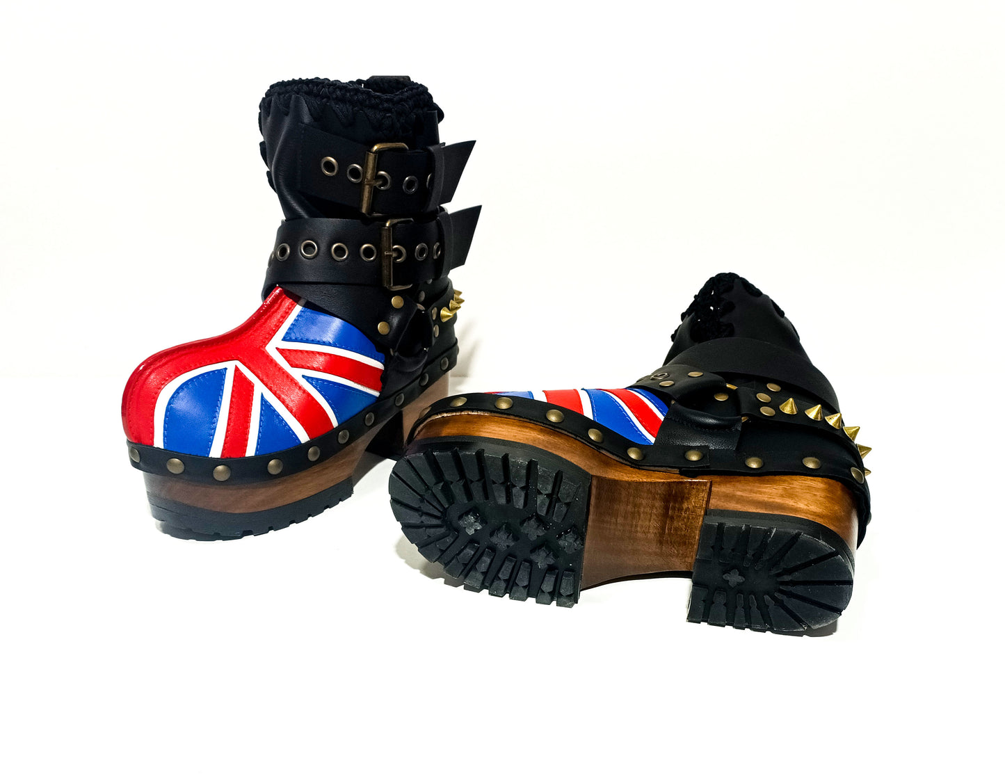 Biker style platform boots with England flag. Leather ankle boots with england flag, buckles and studs. High-end handmade footwear by Sol Caleyo.