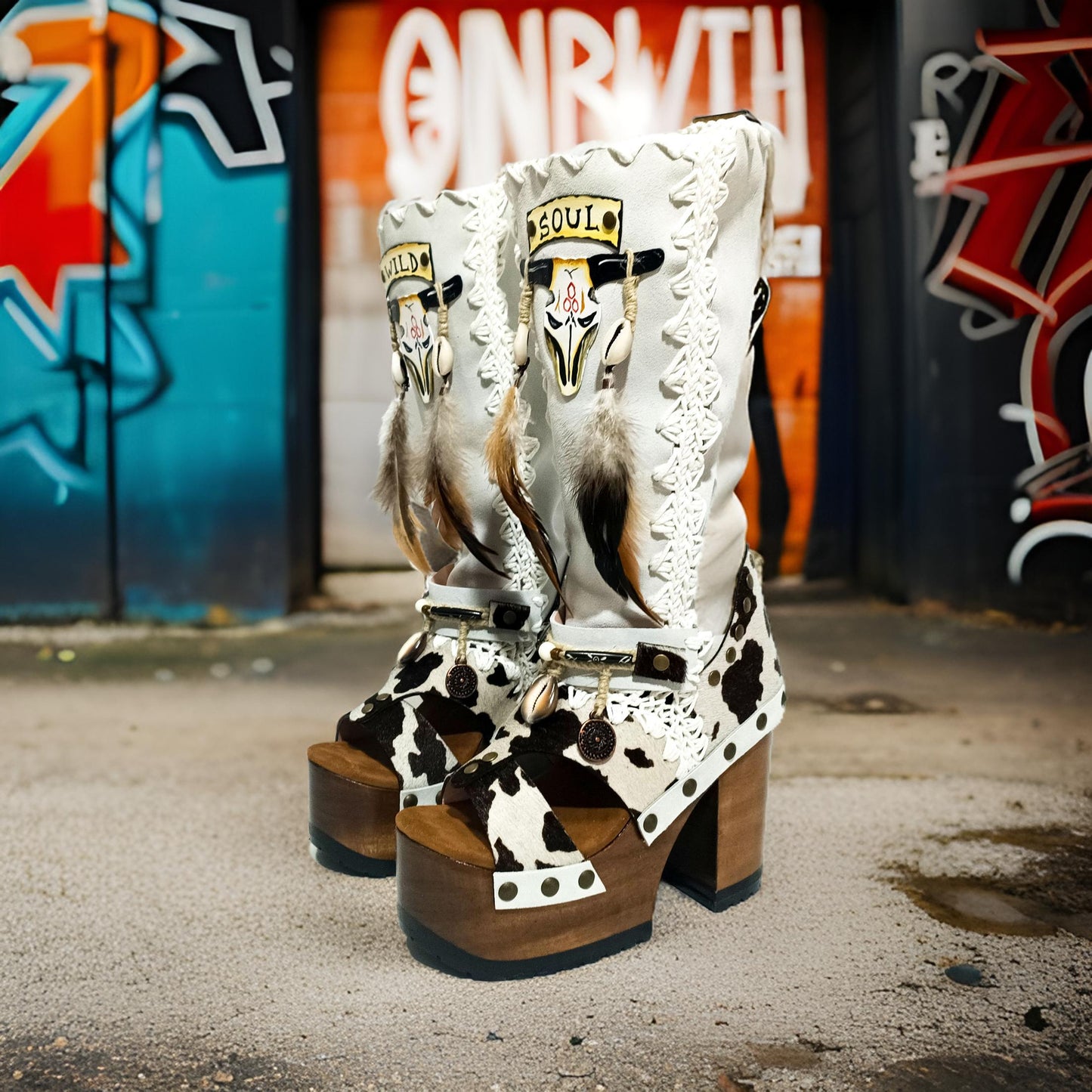 Boots in colt leather with cow print, painted with buffalo head. Platform boots with high wooden heel. Cowboy style boots. High quality leather footwear handmade by Sol Caleyo.
