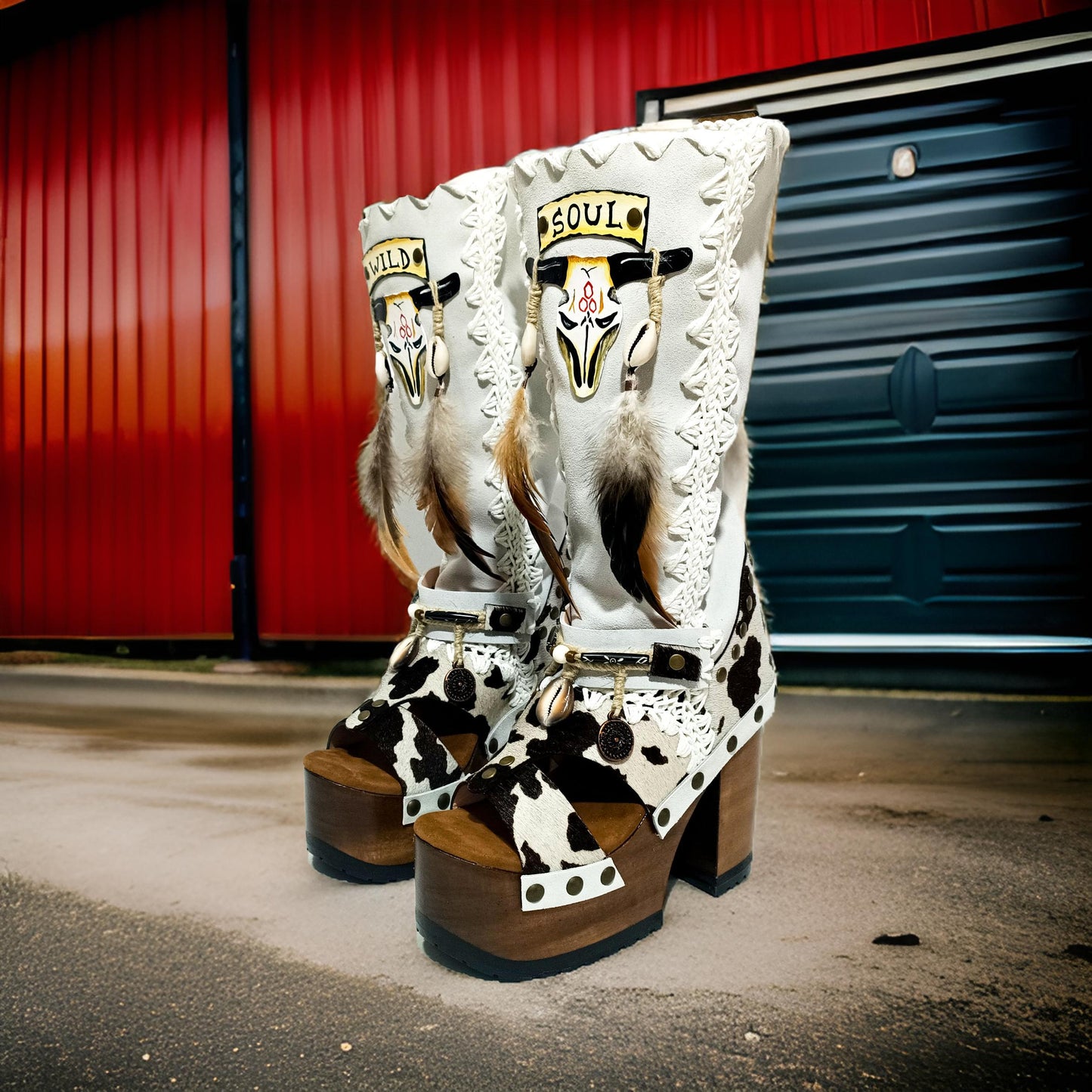 Boots in colt leather with cow print, painted with buffalo head. Platform boots with high wooden heel. Cowboy style boots. High quality leather footwear handmade by Sol Caleyo.