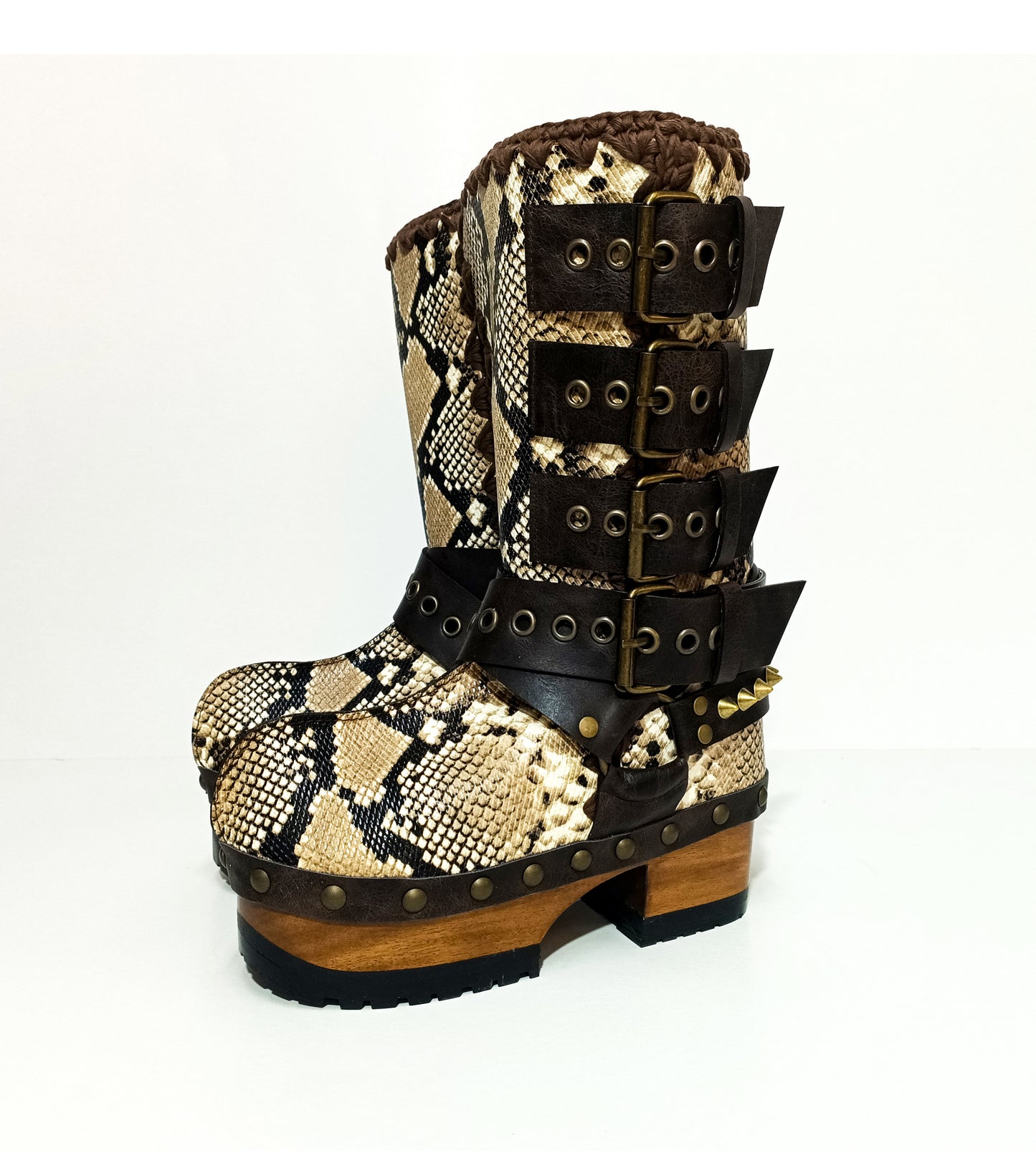 Handmade snake skin clogs. Biker-style snake boots. Leather boots with wooden heels. High-end footwear handmade by Sol Caleyo.