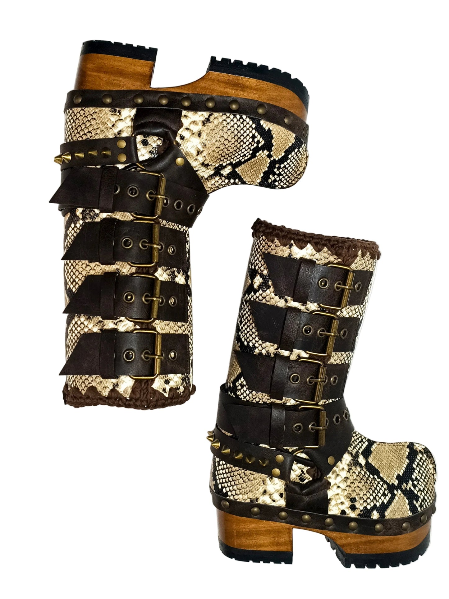 Handmade snake skin clogs. Biker-style snake boots. Leather boots with wooden heels. High-end footwear handmade by Sol Caleyo.