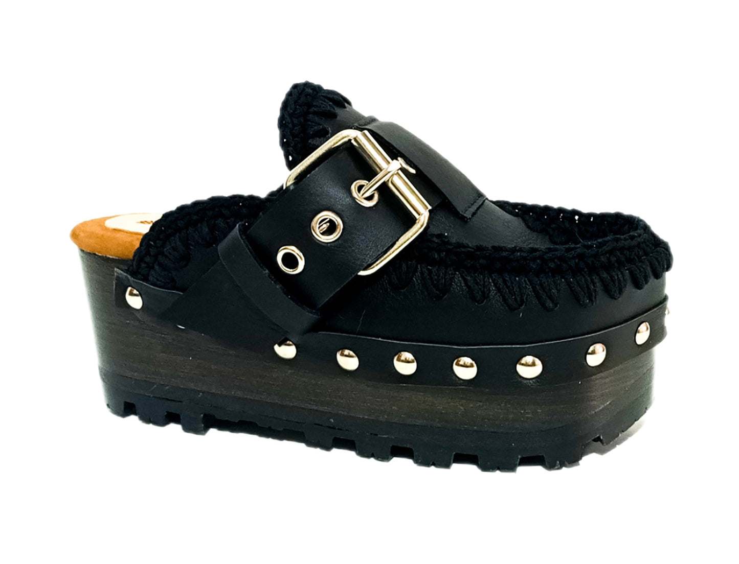 Oxford style wooden wedge clogs, black leather clogs with buckle and silver studs. High quality handmade shoes by Sol Caleyo.