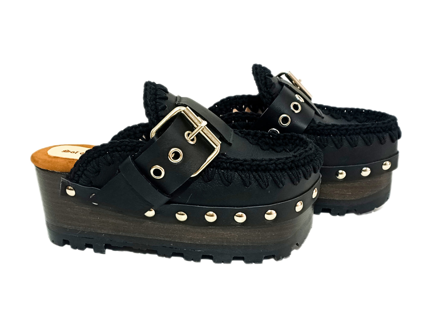 Oxford style wooden wedge clogs, black leather clogs with buckle and silver studs. High quality handmade shoes by Sol Caleyo.