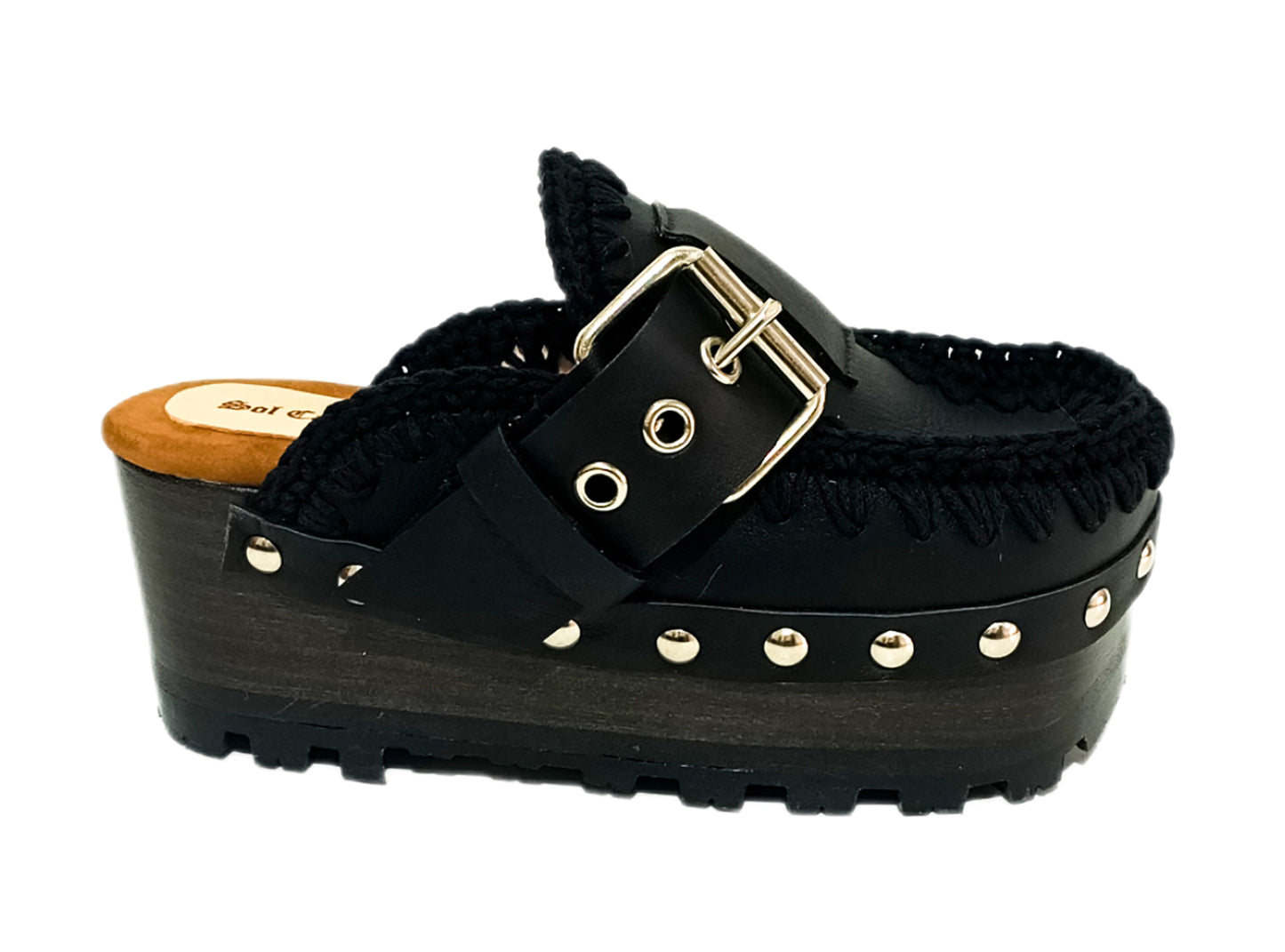 Oxford style wooden wedge clogs, black leather clogs with buckle and silver studs. High quality handmade shoes by Sol Caleyo.
