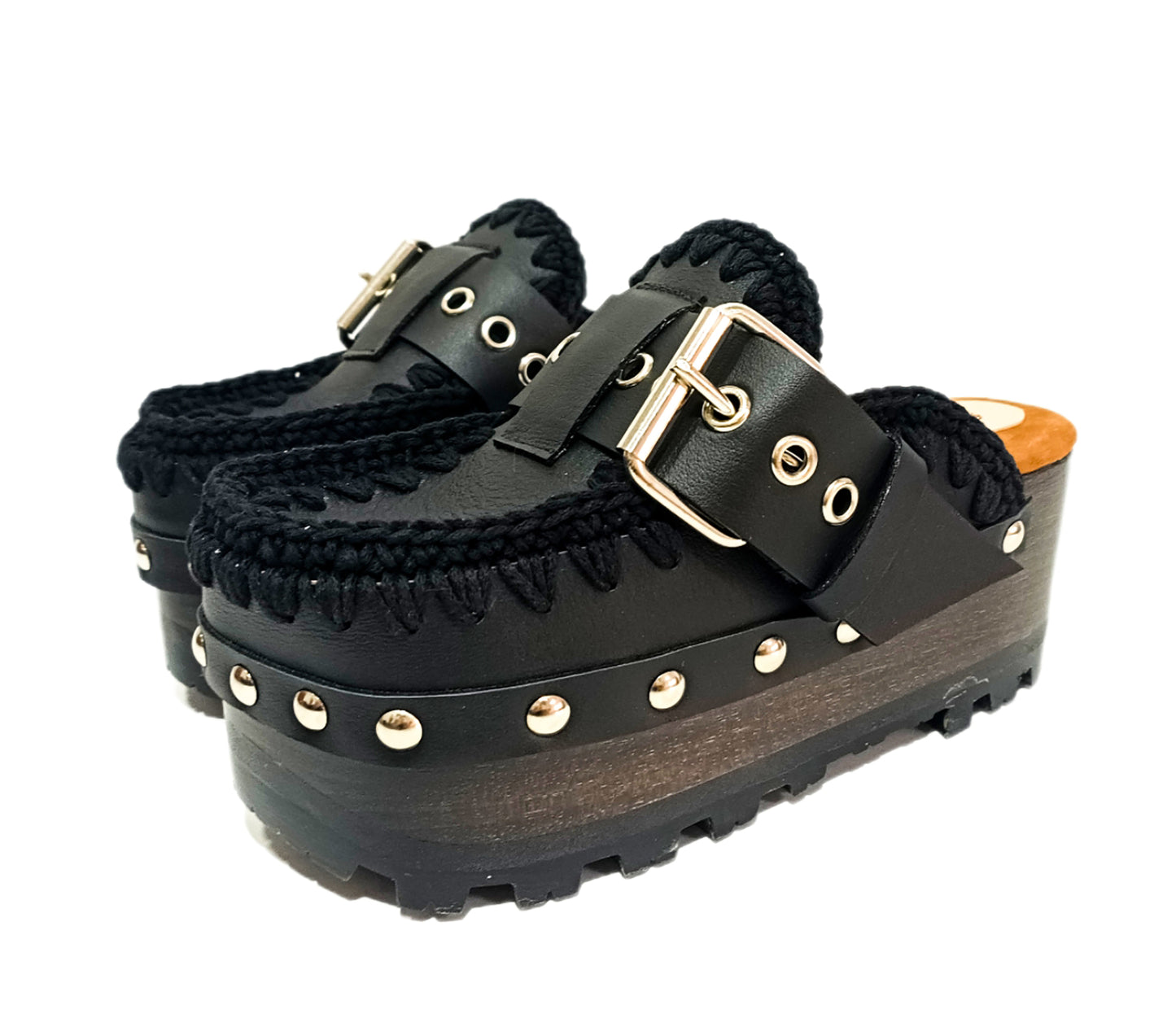 Oxford style wooden wedge clogs, black leather clogs with buckle and silver studs. High quality handmade shoes by Sol Caleyo.