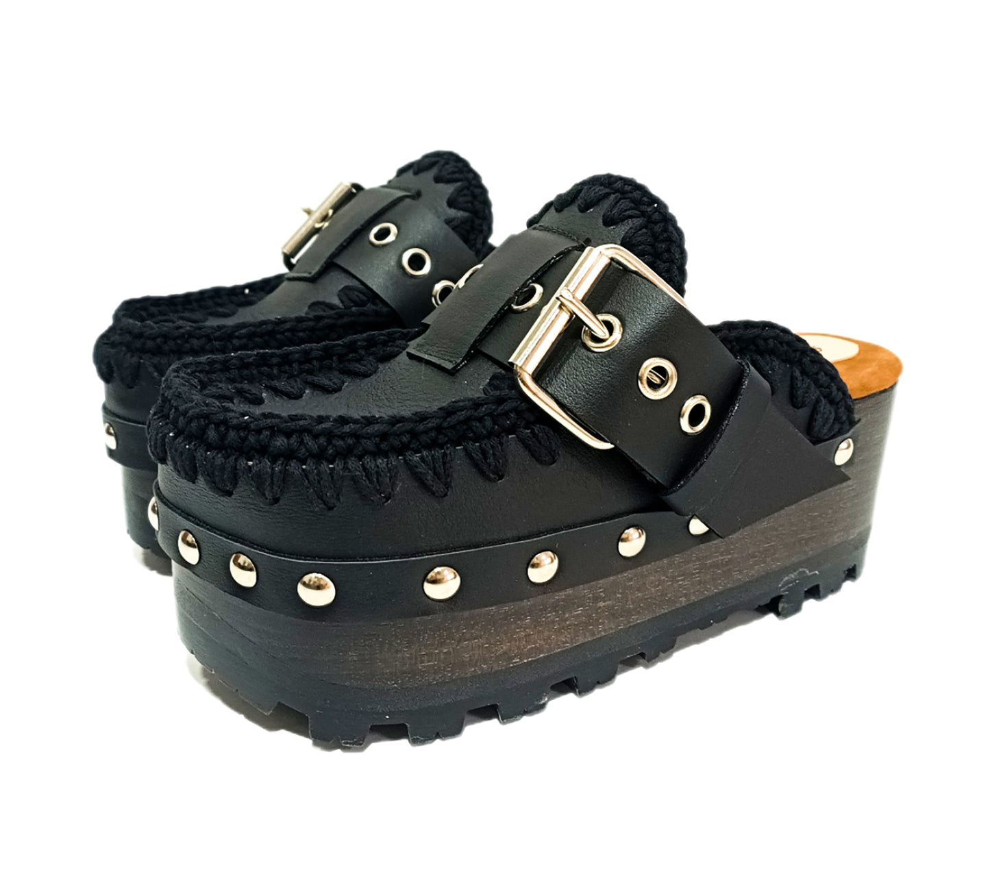 Oxford style wooden wedge clogs, black leather clogs with buckle and silver studs. High quality handmade shoes by Sol Caleyo.