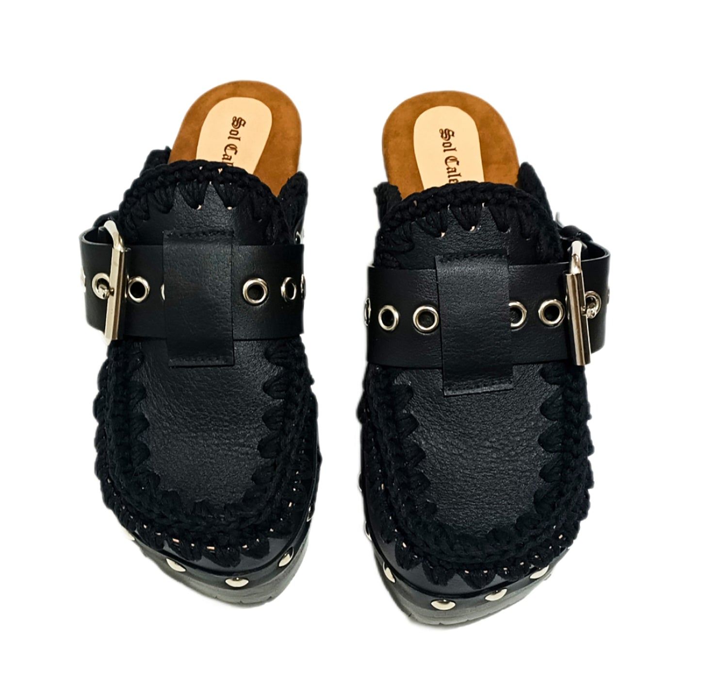 Oxford style wooden wedge clogs, black leather clogs with buckle and silver studs. High quality handmade shoes by Sol Caleyo.