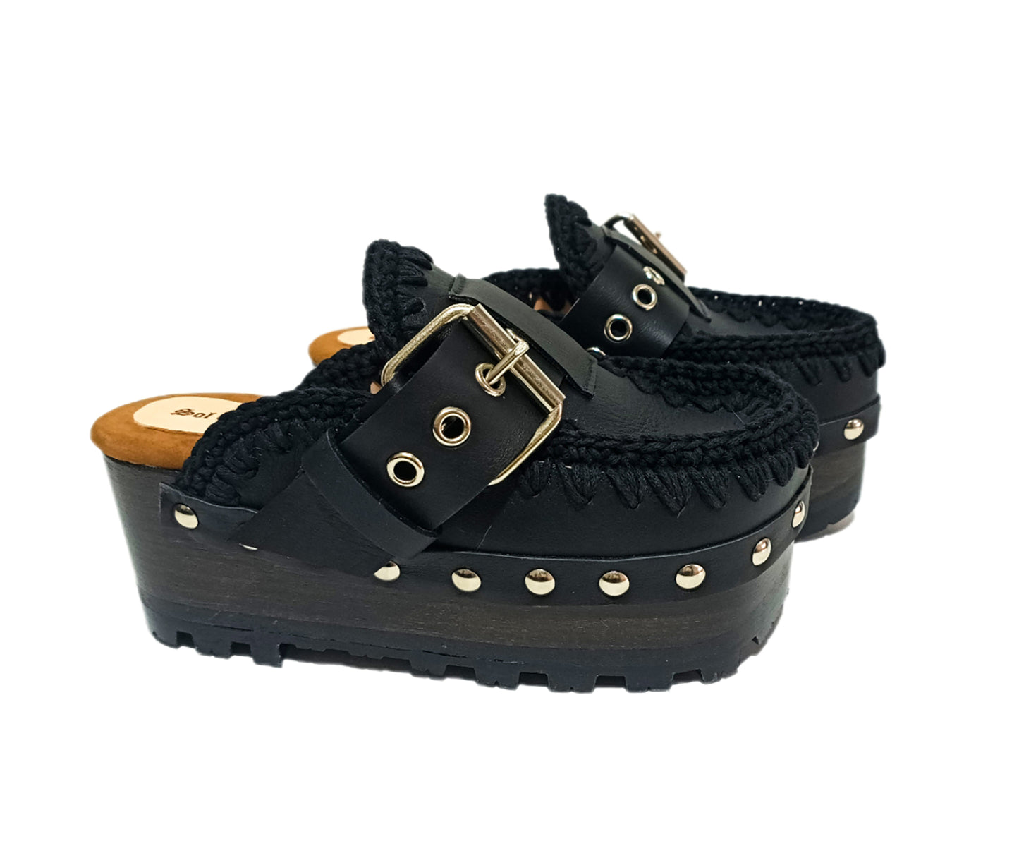 Oxford style wooden wedge clogs, black leather clogs with buckle and silver studs. High quality handmade shoes by Sol Caleyo.