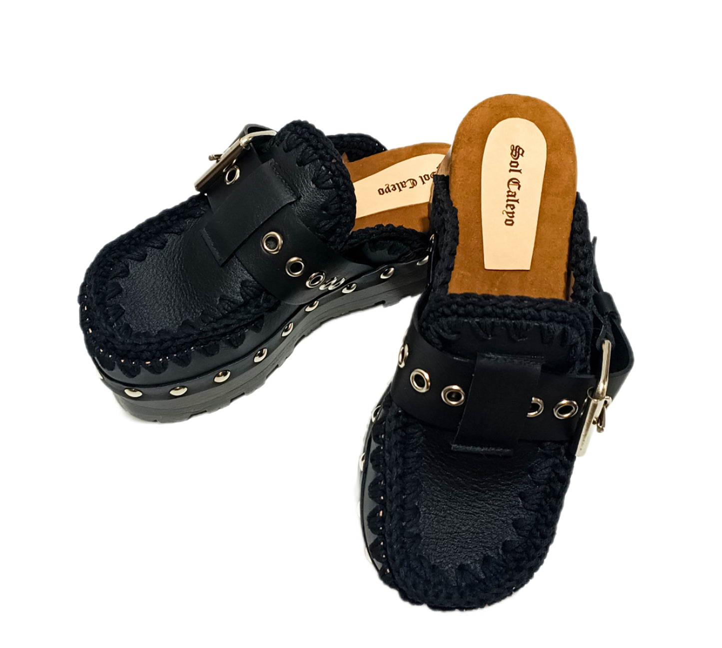 Oxford style wooden wedge clogs, black leather clogs with buckle and silver studs. High quality handmade shoes by Sol Caleyo.