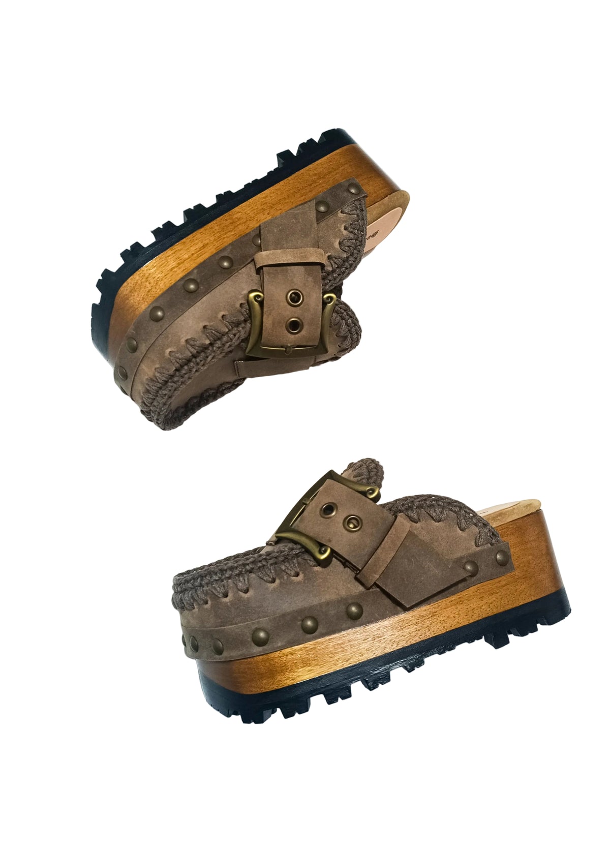 Pair of handcrafted wooden platform clogs in distressed brown leather, lacquered wood and lugged rubber sole