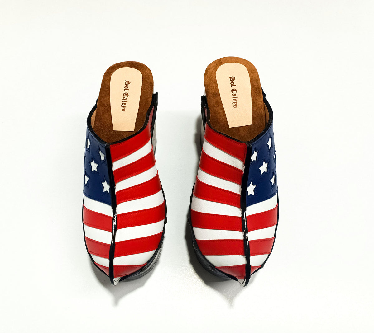 Sol Caleyo Handmade American Clogs - USA Flag Leather Platform Wooden Shoe