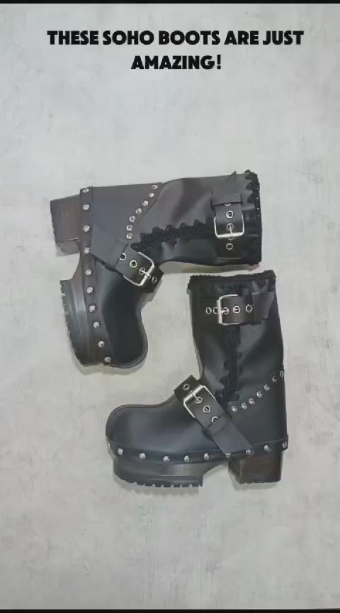 Black leather biker style clog boots. Biker style buckle boot. Clogs leather boot. High-end footwear handmade by Sol Caleyo.